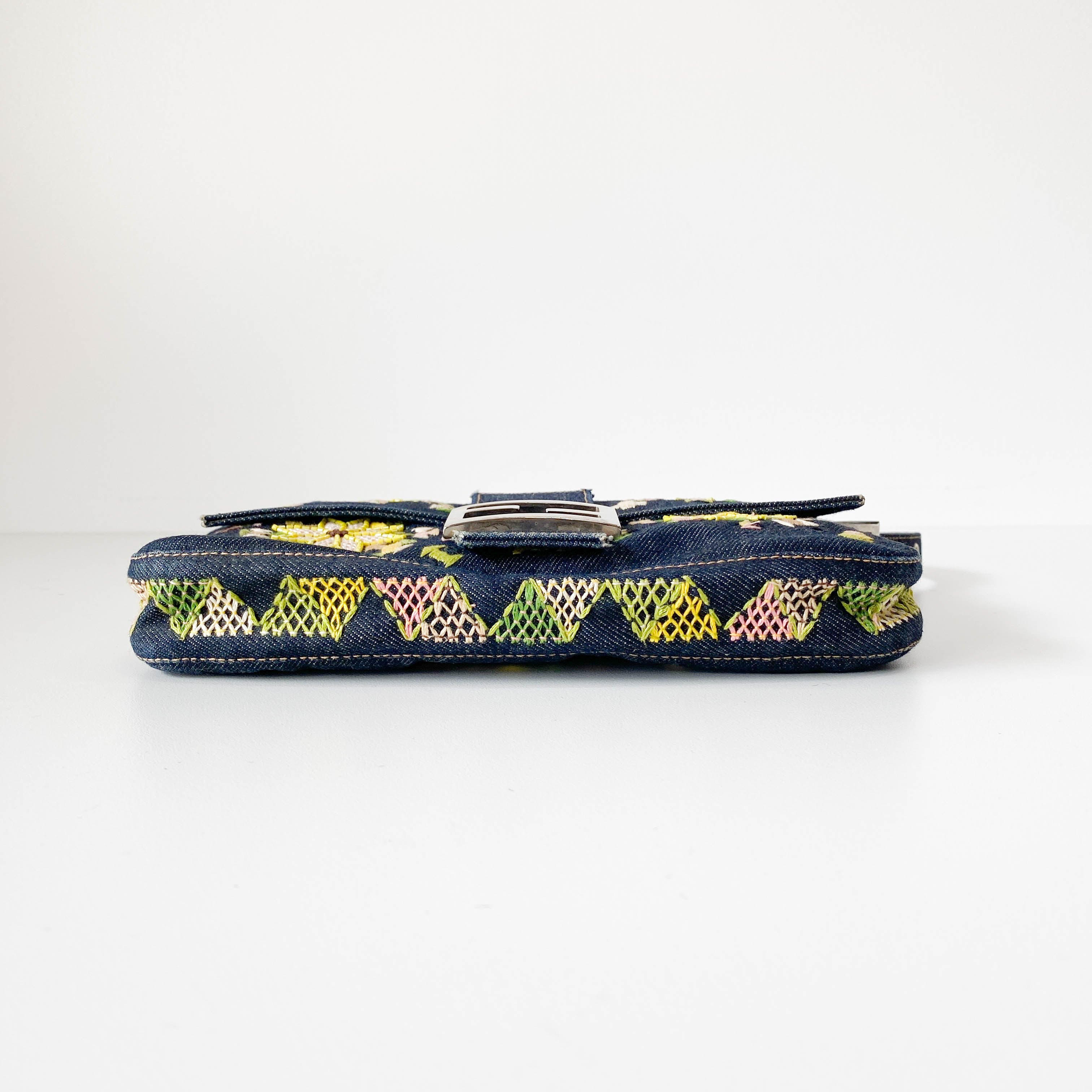 Limited Edition Embroidered Denim Baguette Shoulder Bag