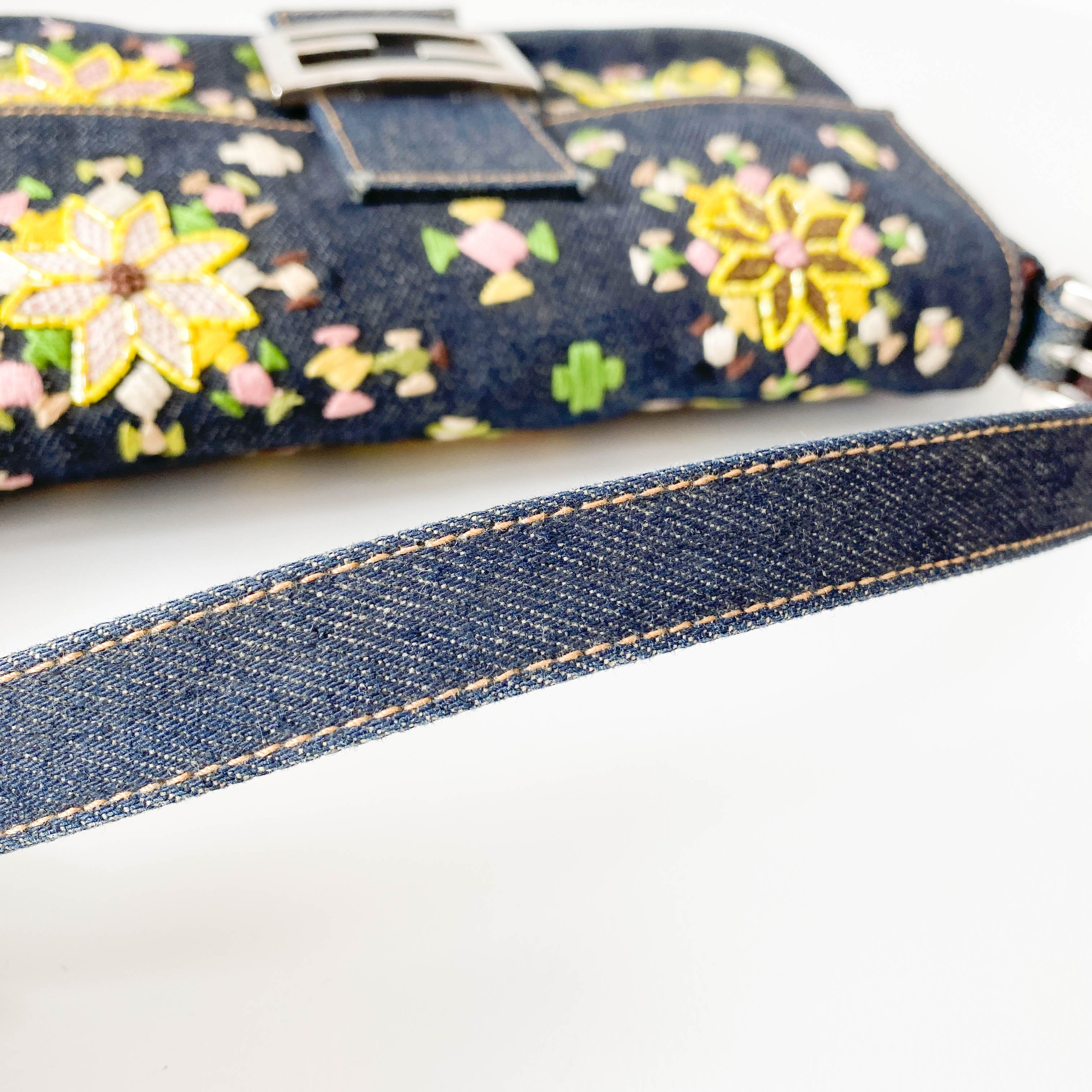 Limited Edition Embroidered Denim Baguette Shoulder Bag
