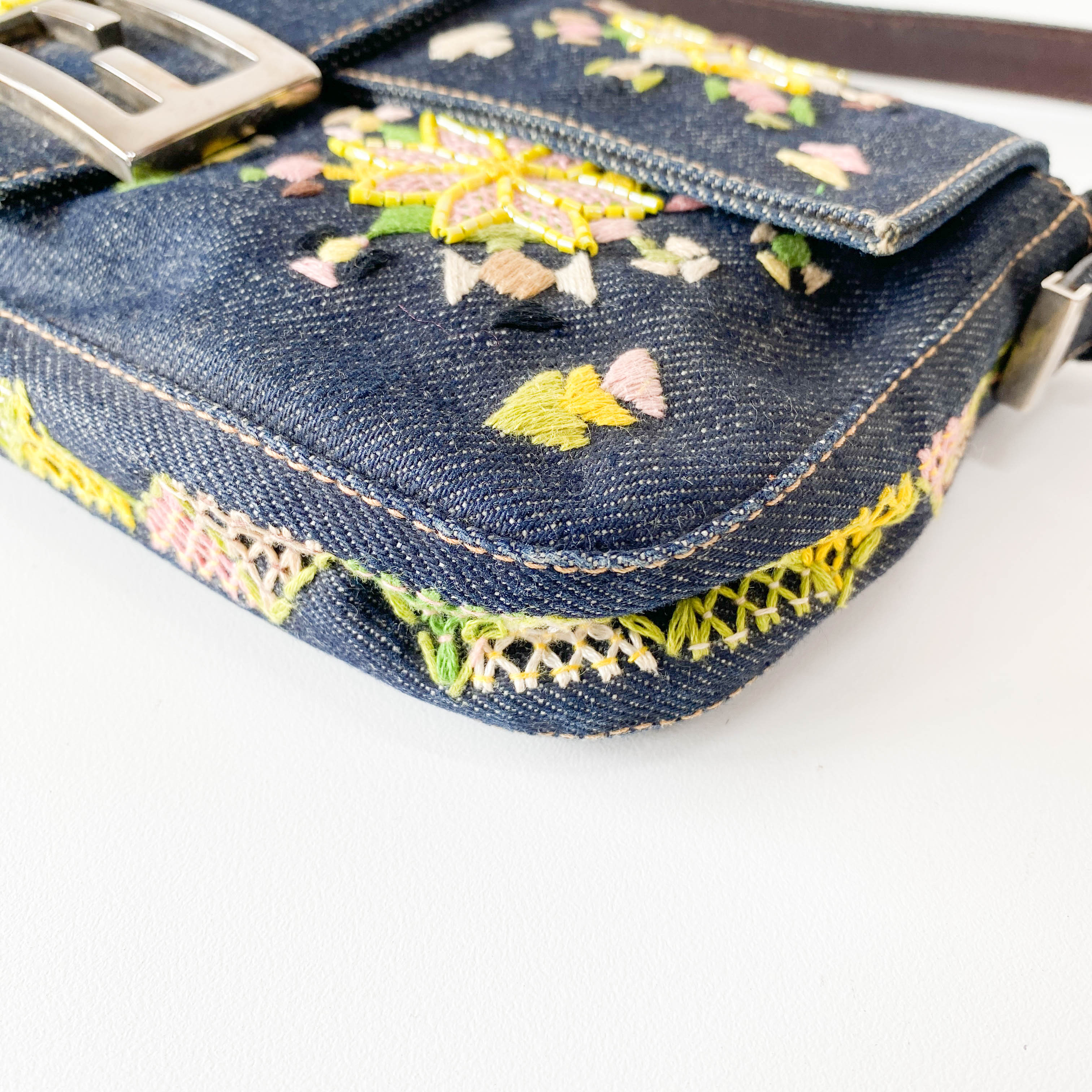 Limited Edition Embroidered Denim Baguette Shoulder Bag