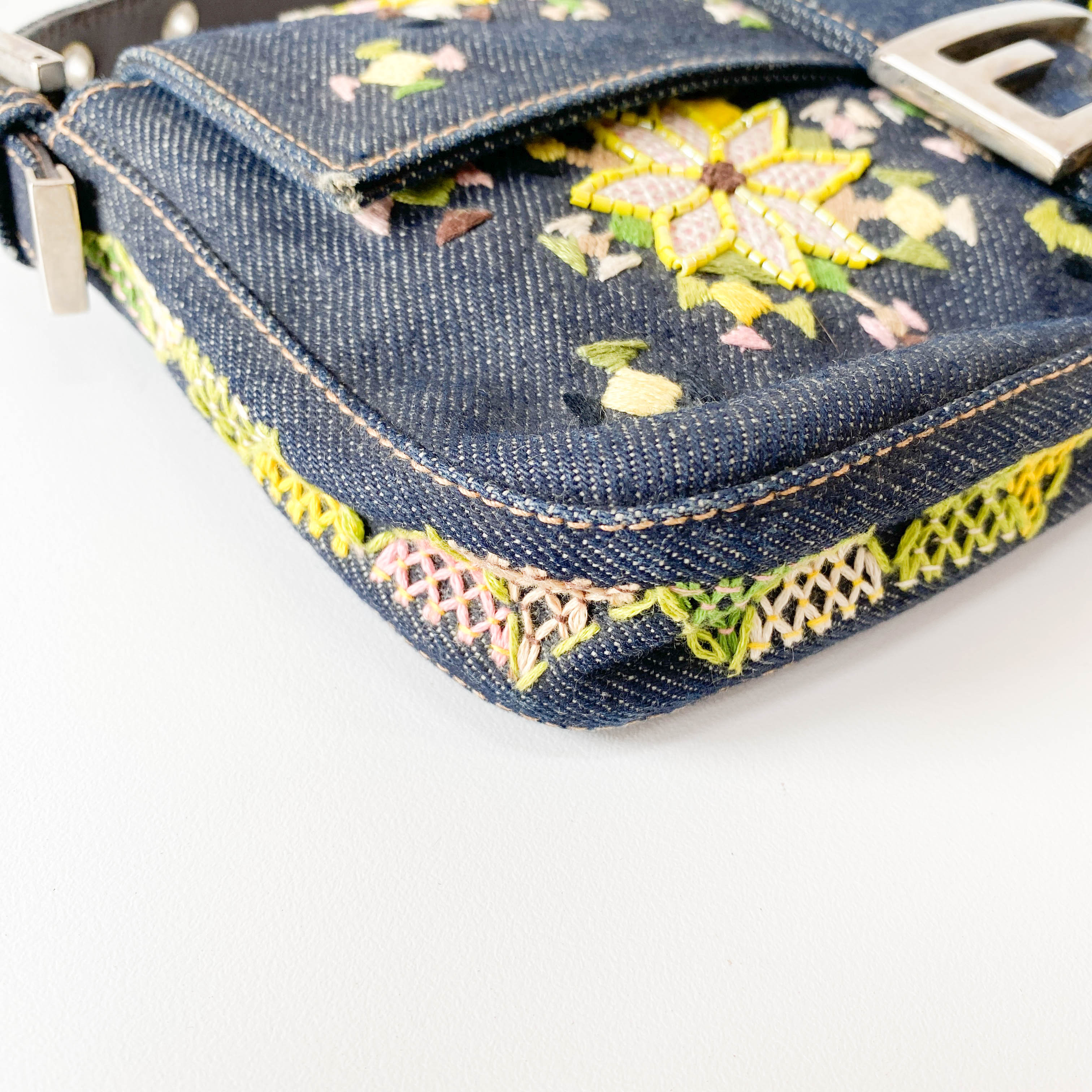 Limited Edition Embroidered Denim Baguette Shoulder Bag