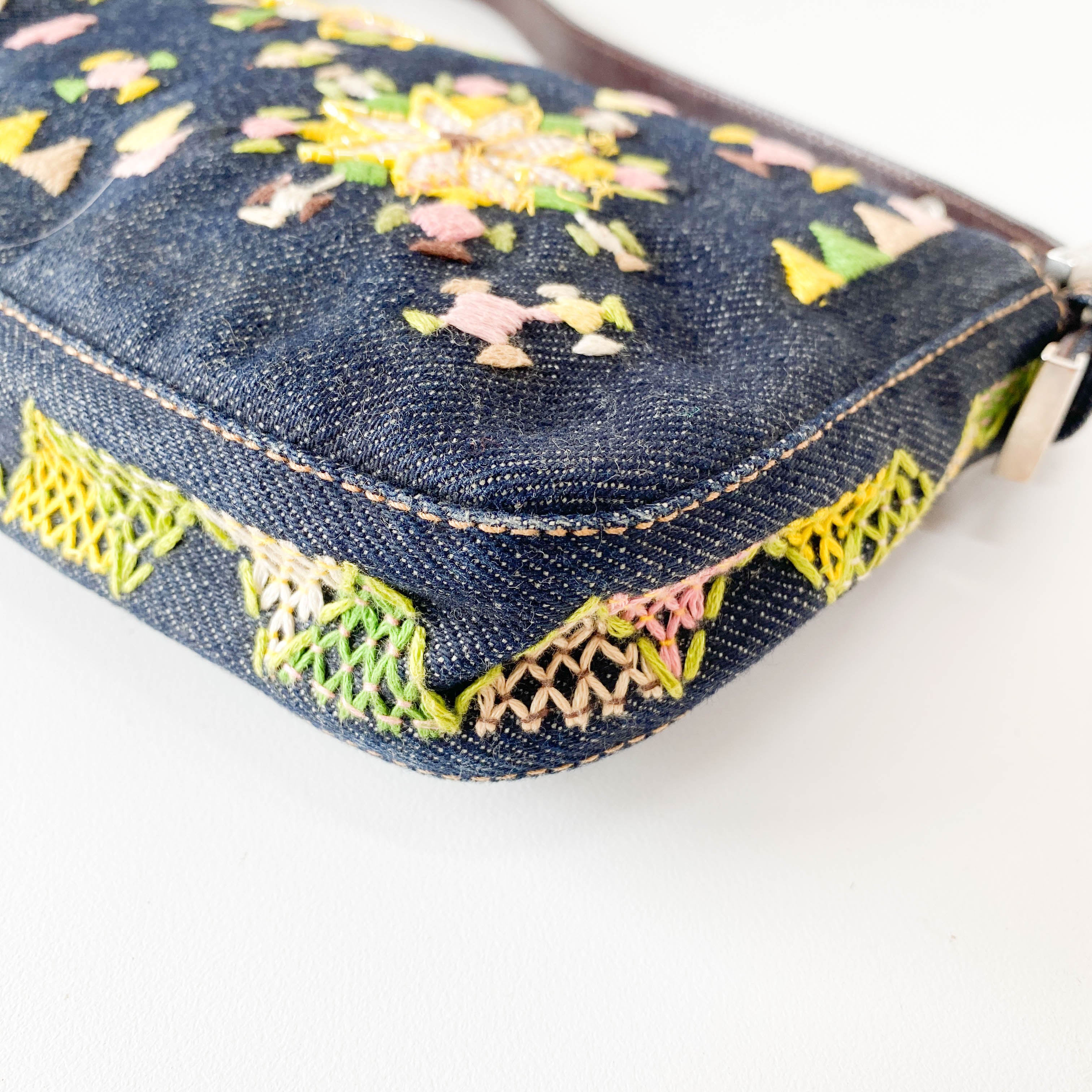Limited Edition Embroidered Denim Baguette Shoulder Bag