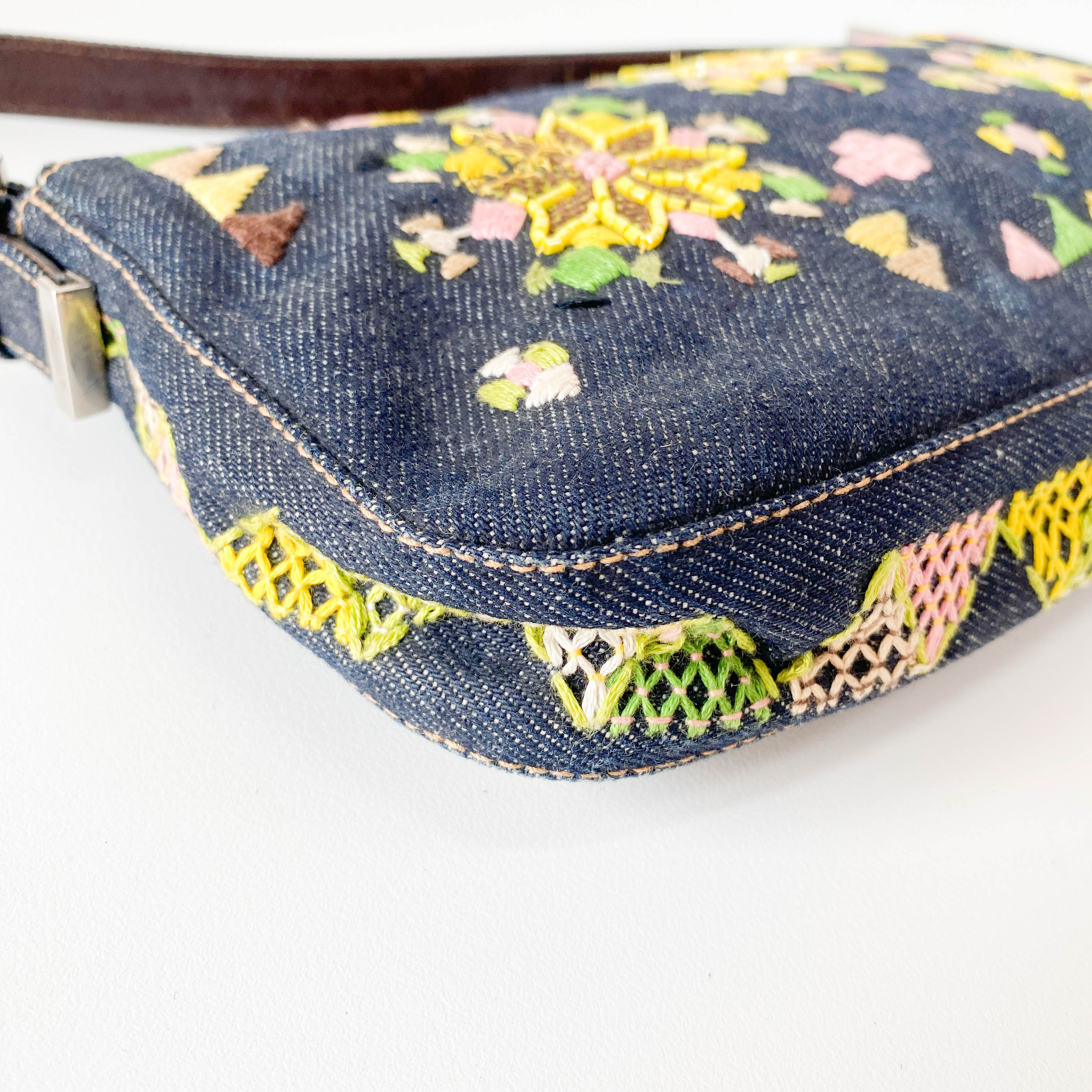 Limited Edition Embroidered Denim Baguette Shoulder Bag