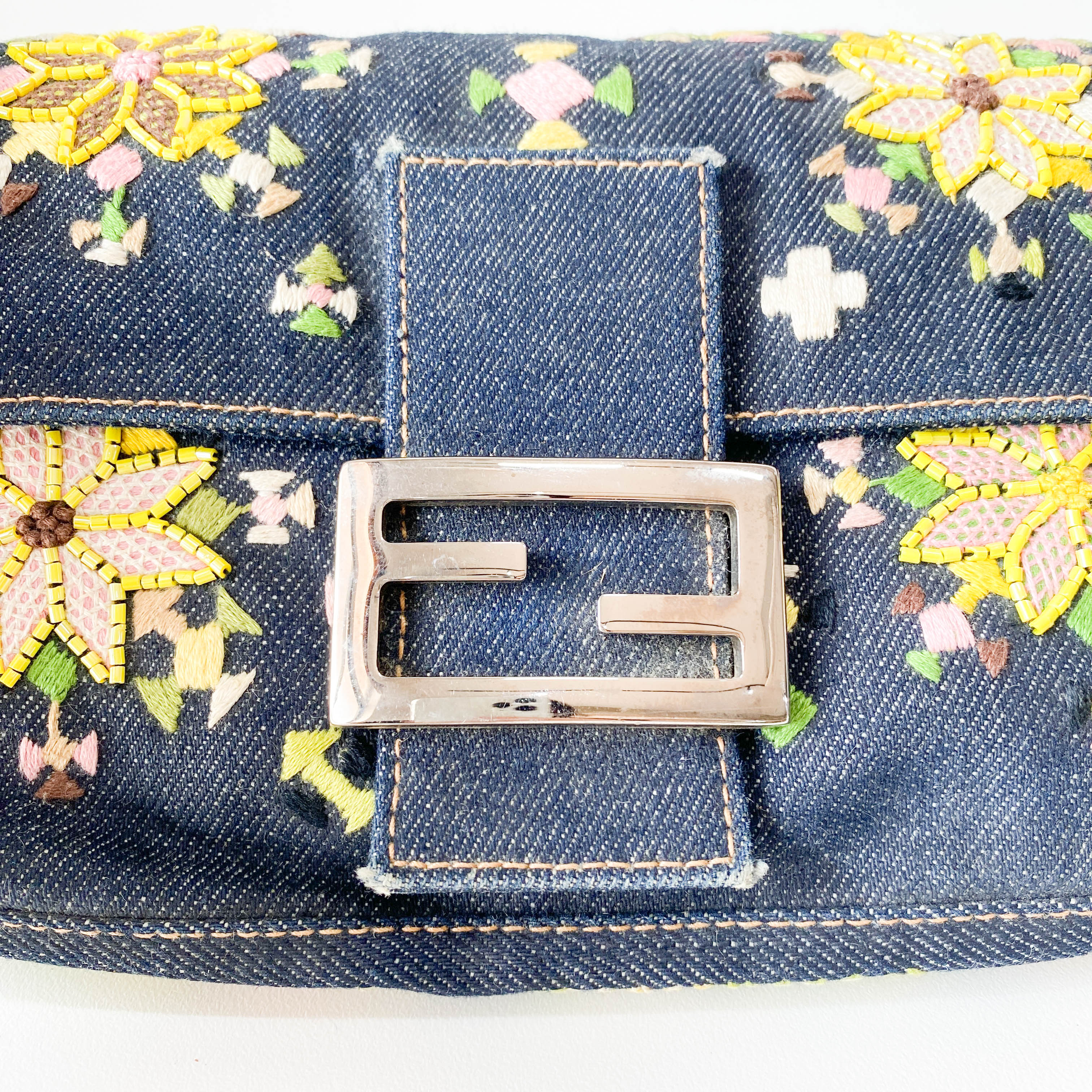 Limited Edition Embroidered Denim Baguette Shoulder Bag