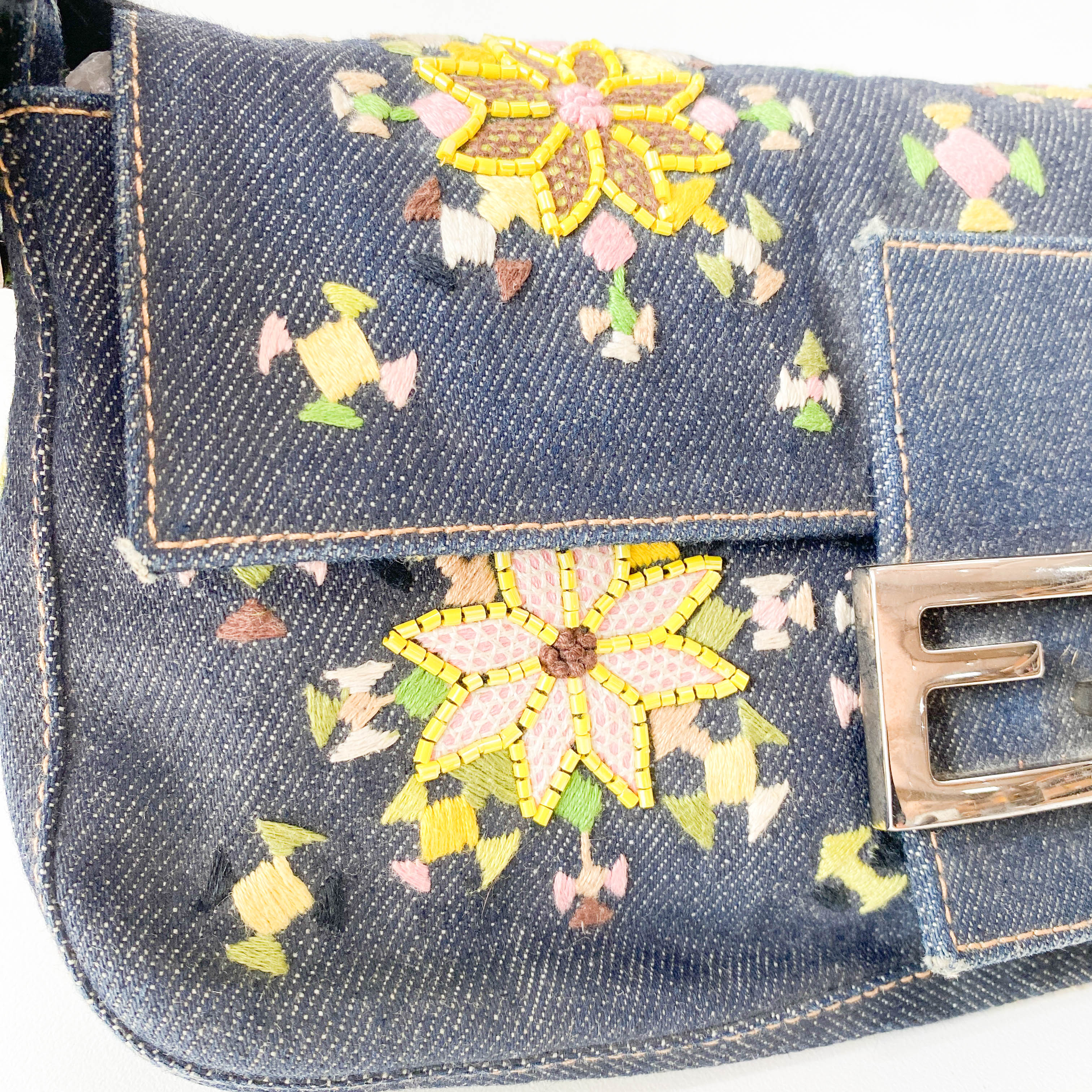 Limited Edition Embroidered Denim Baguette Shoulder Bag