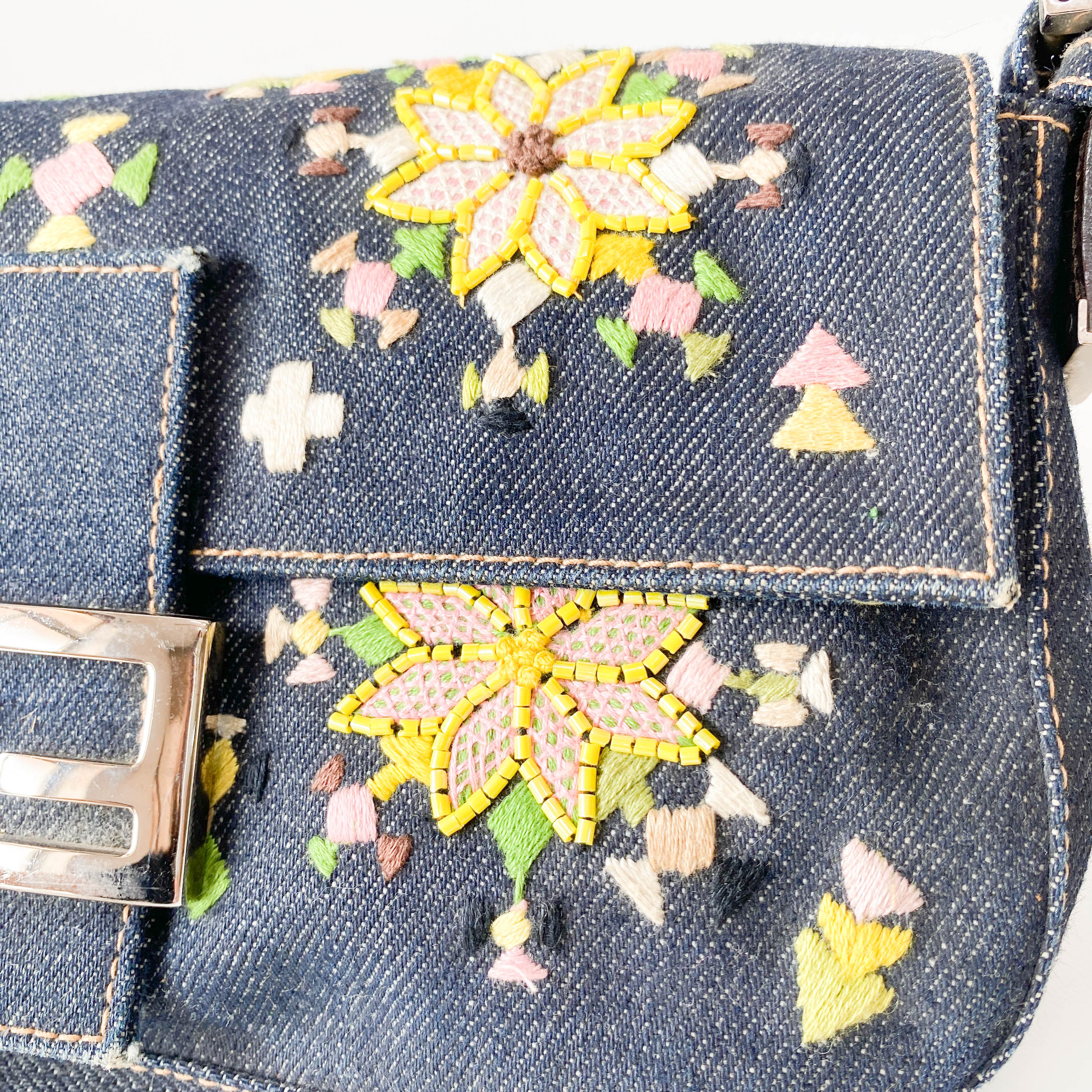 Limited Edition Embroidered Denim Baguette Shoulder Bag