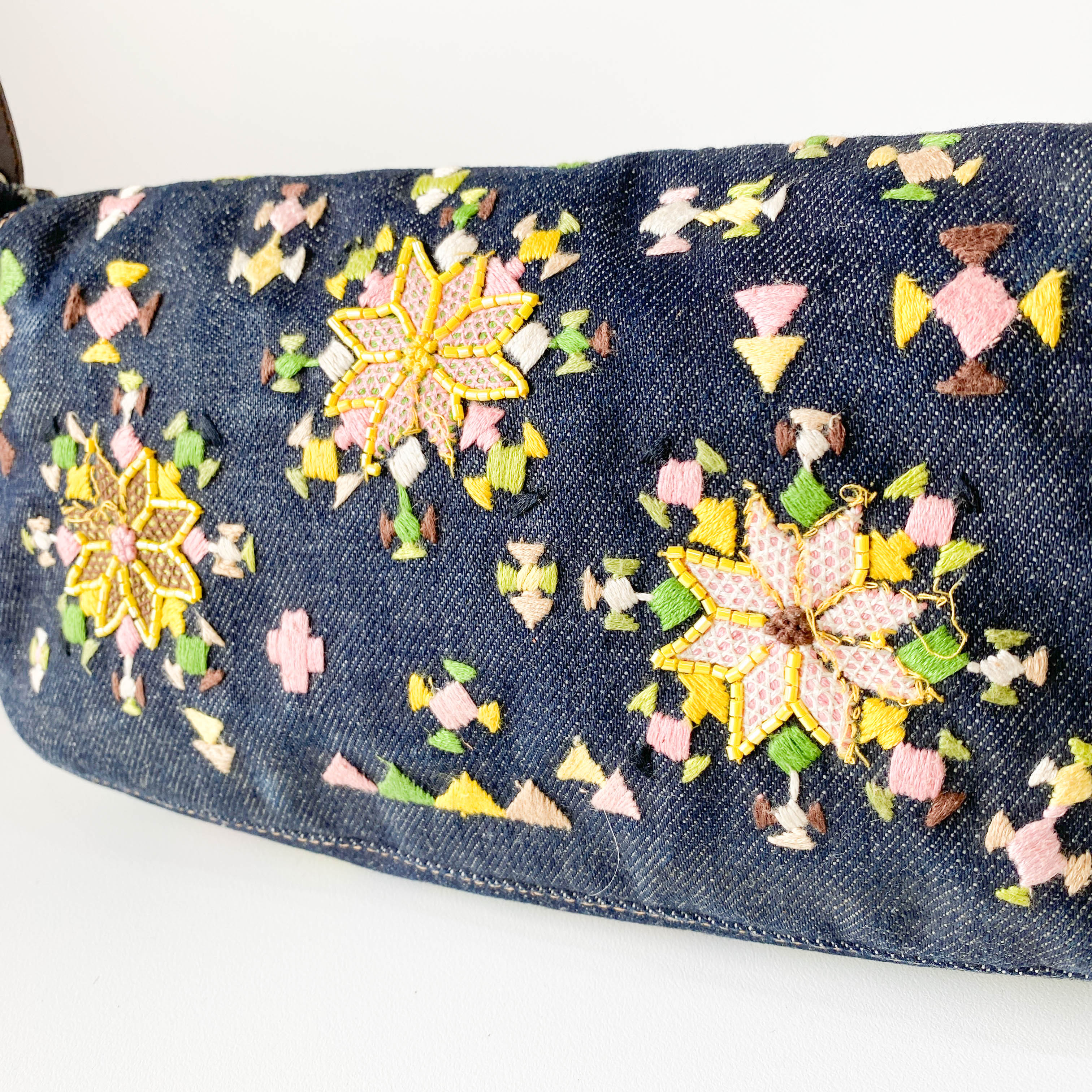 Limited Edition Embroidered Denim Baguette Shoulder Bag