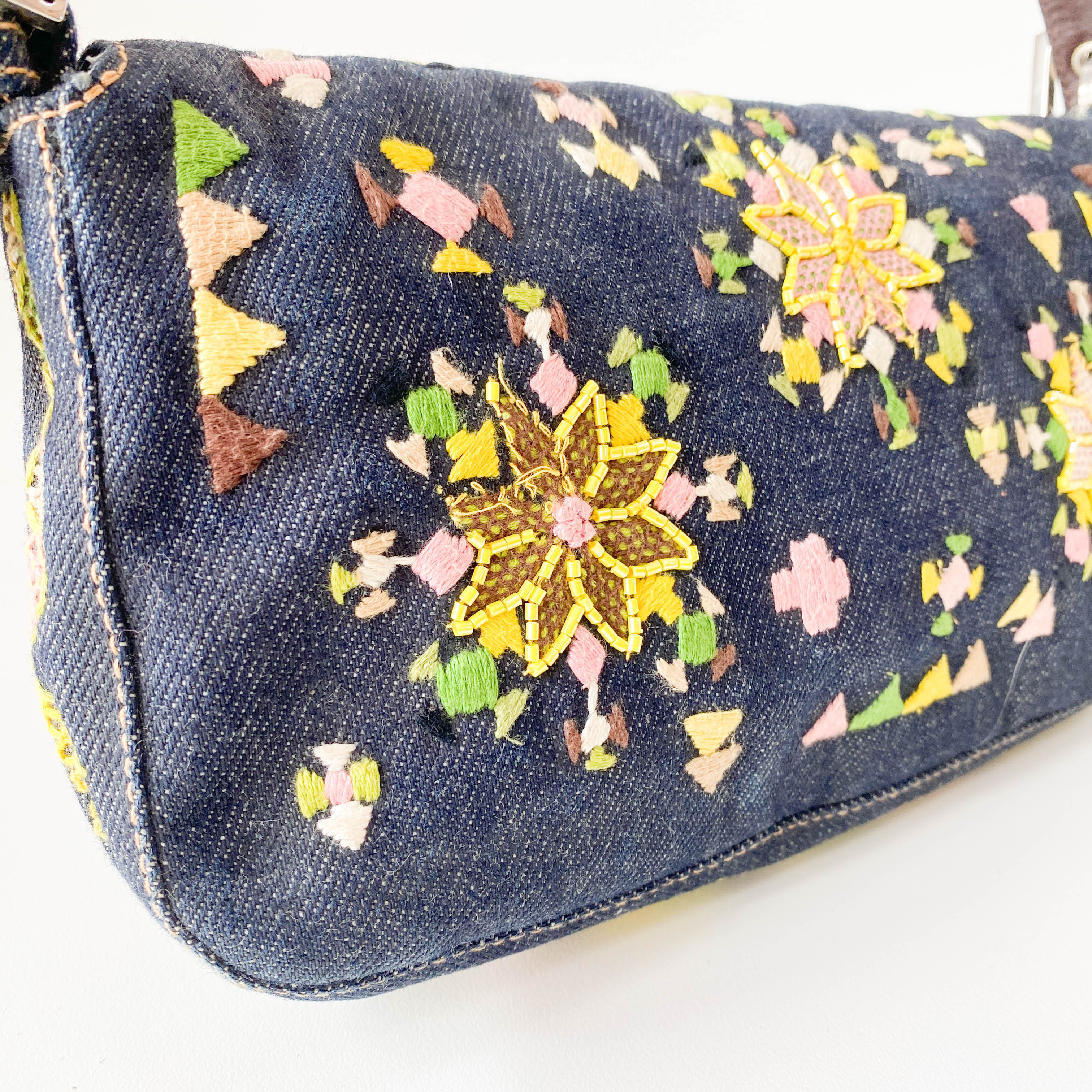 Limited Edition Embroidered Denim Baguette Shoulder Bag