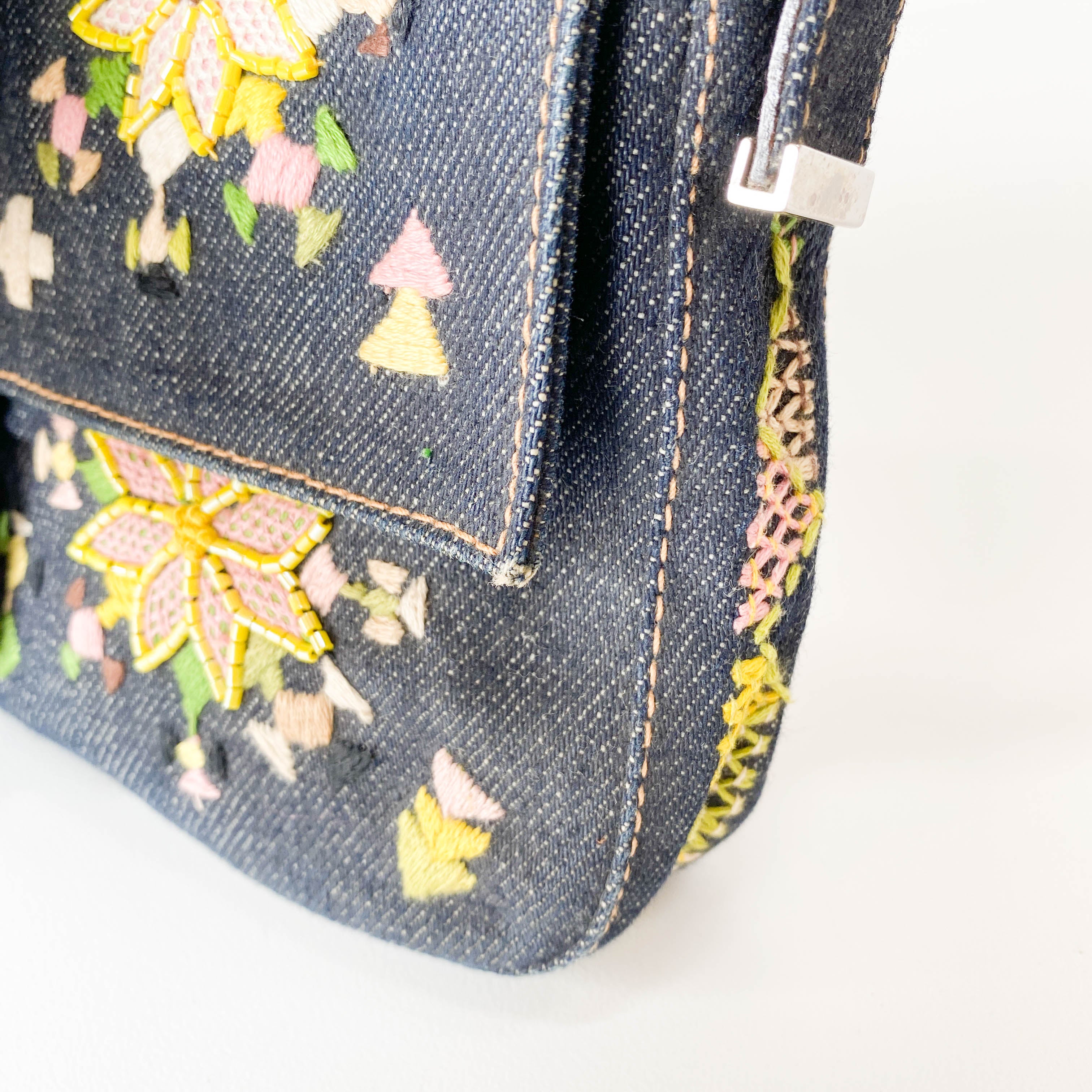 Limited Edition Embroidered Denim Baguette Shoulder Bag