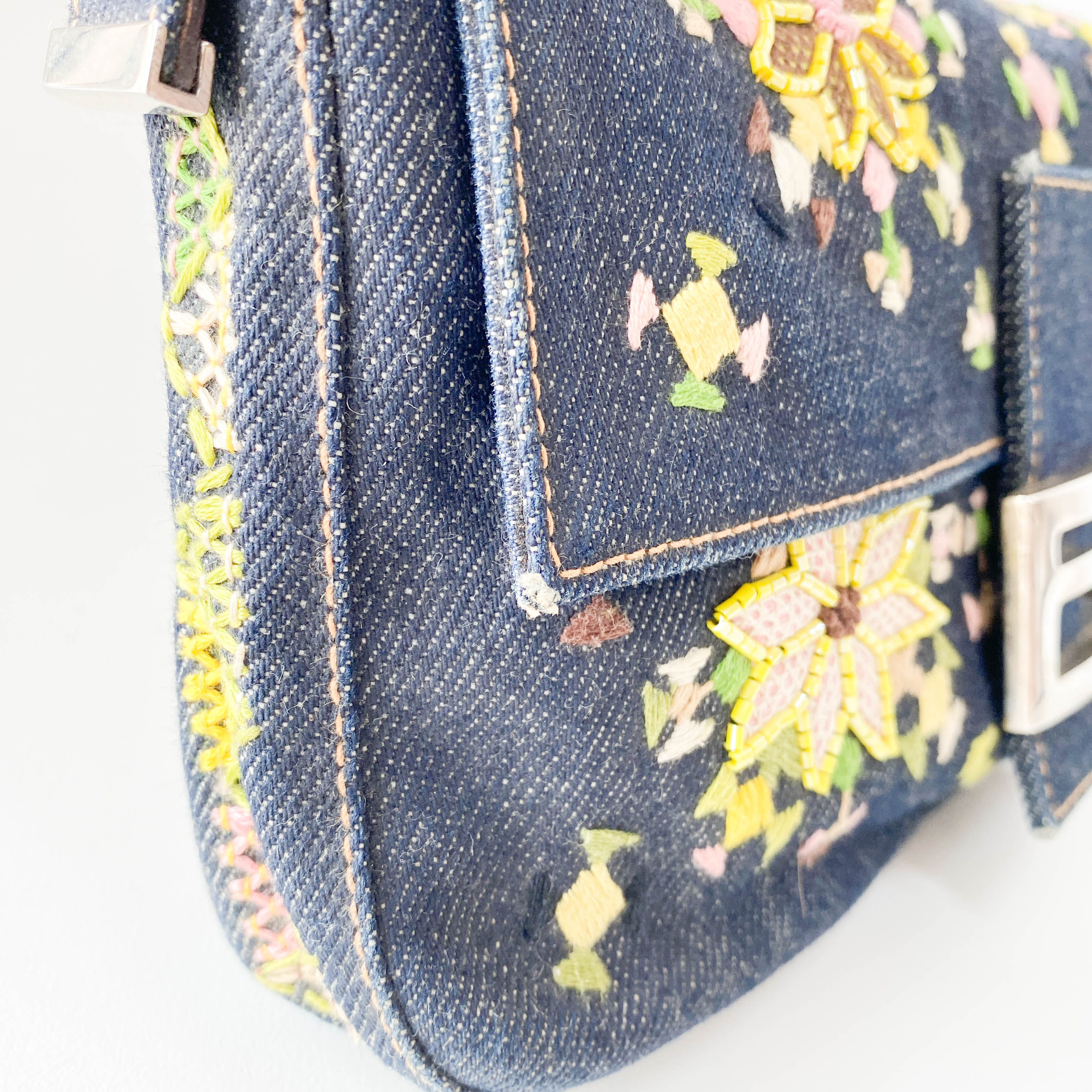 Limited Edition Embroidered Denim Baguette Shoulder Bag