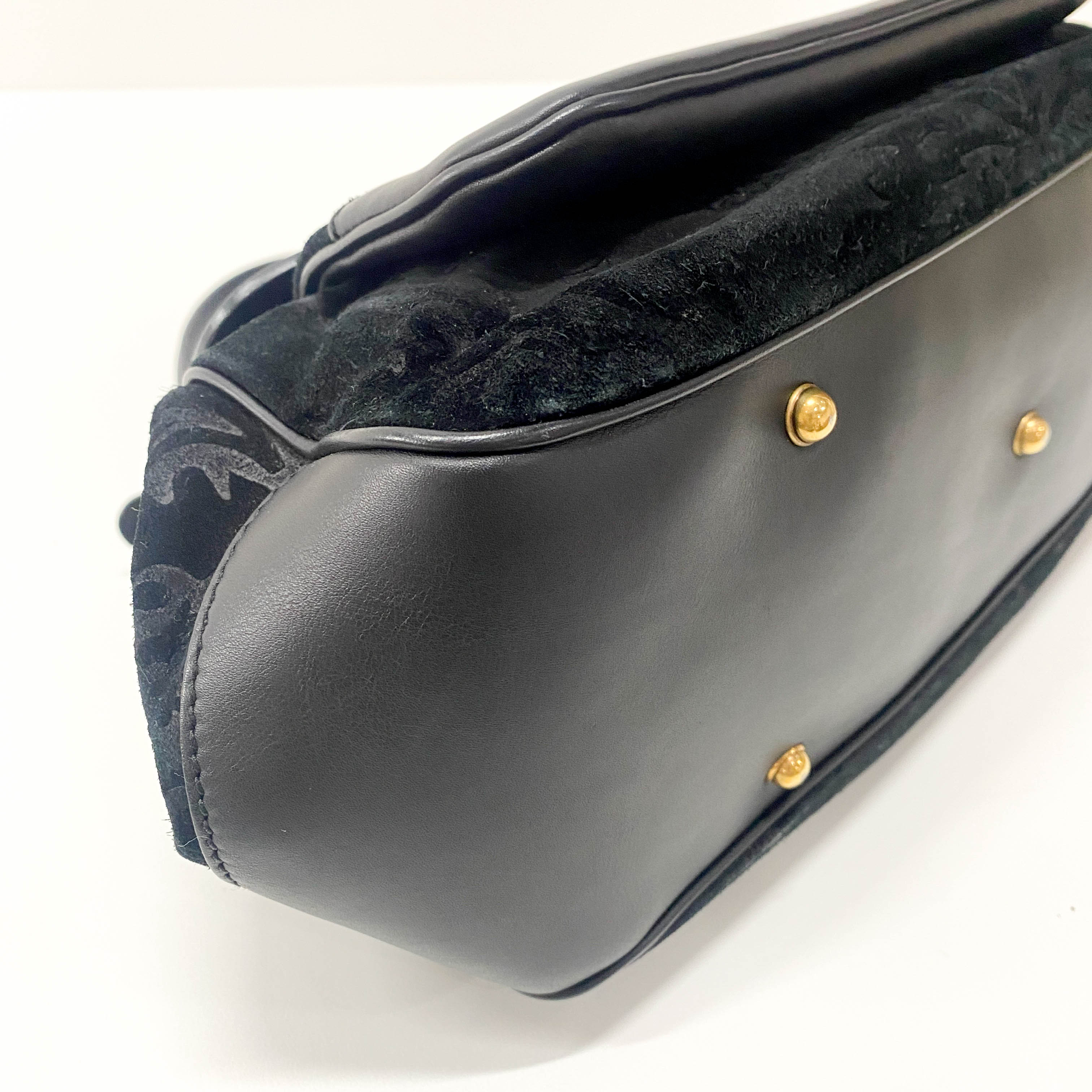 Embroidered Suede Detail with Golden Hardware Black Leather Handle Bag