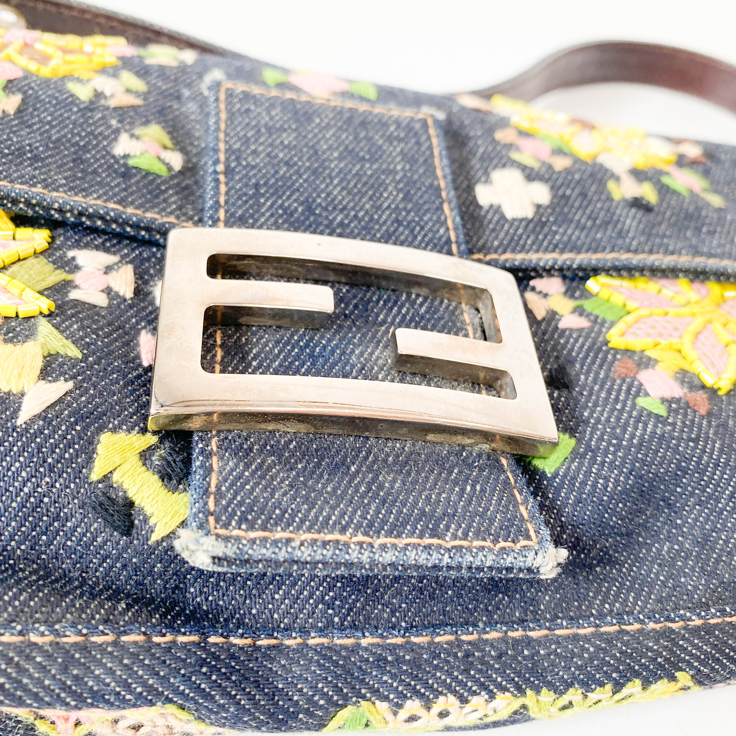 Limited Edition Embroidered Denim Baguette Shoulder Bag
