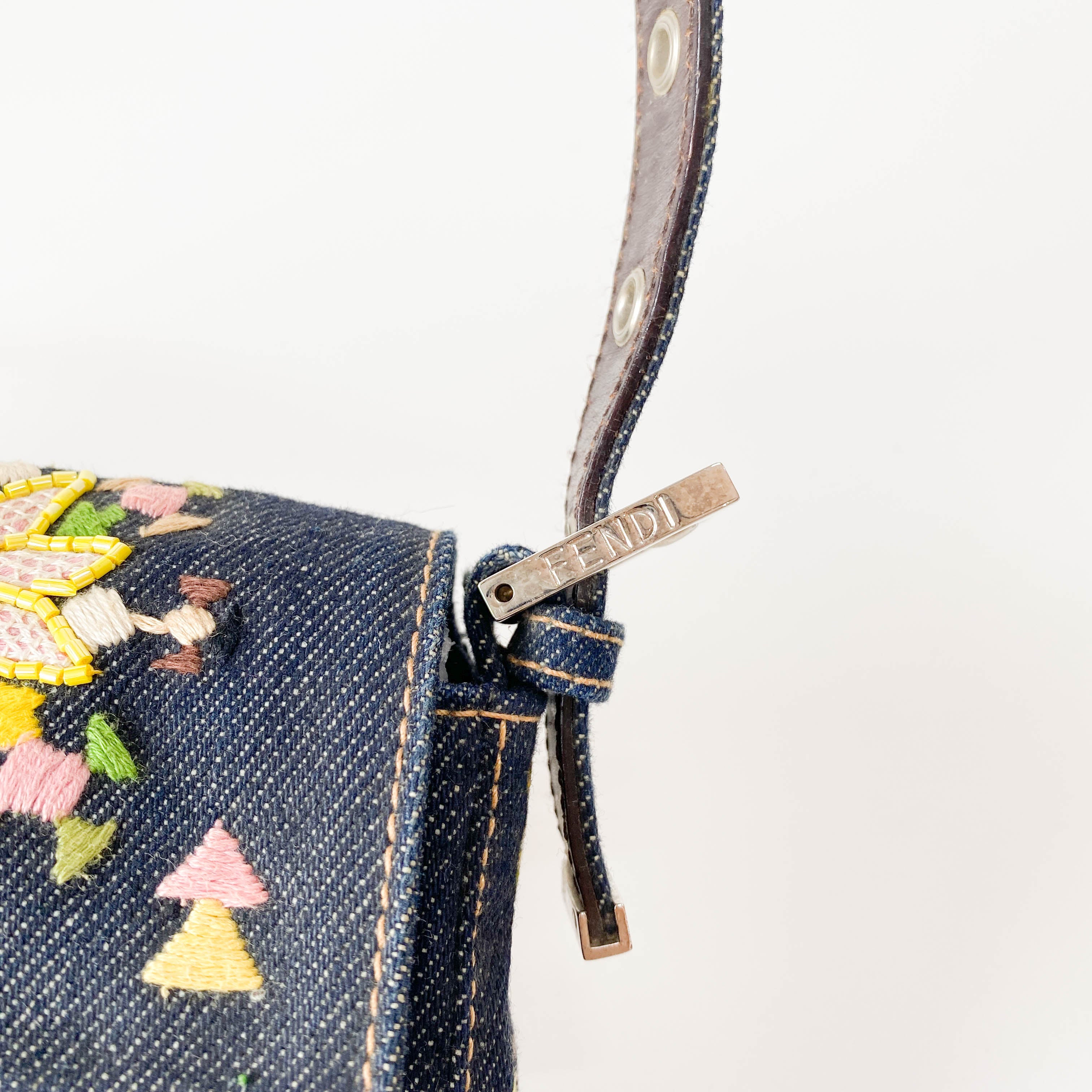 Limited Edition Embroidered Denim Baguette Shoulder Bag