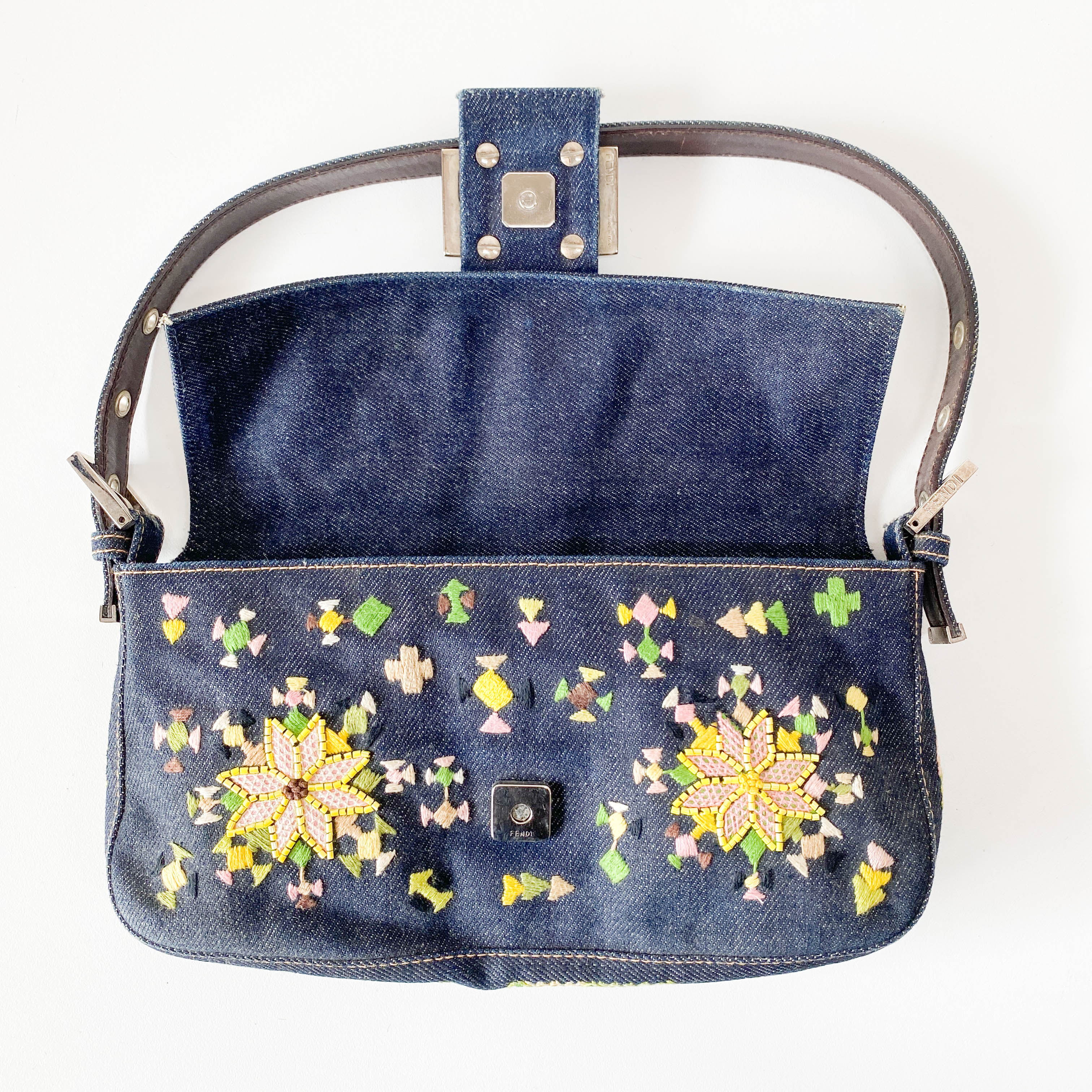 Limited Edition Embroidered Denim Baguette Shoulder Bag