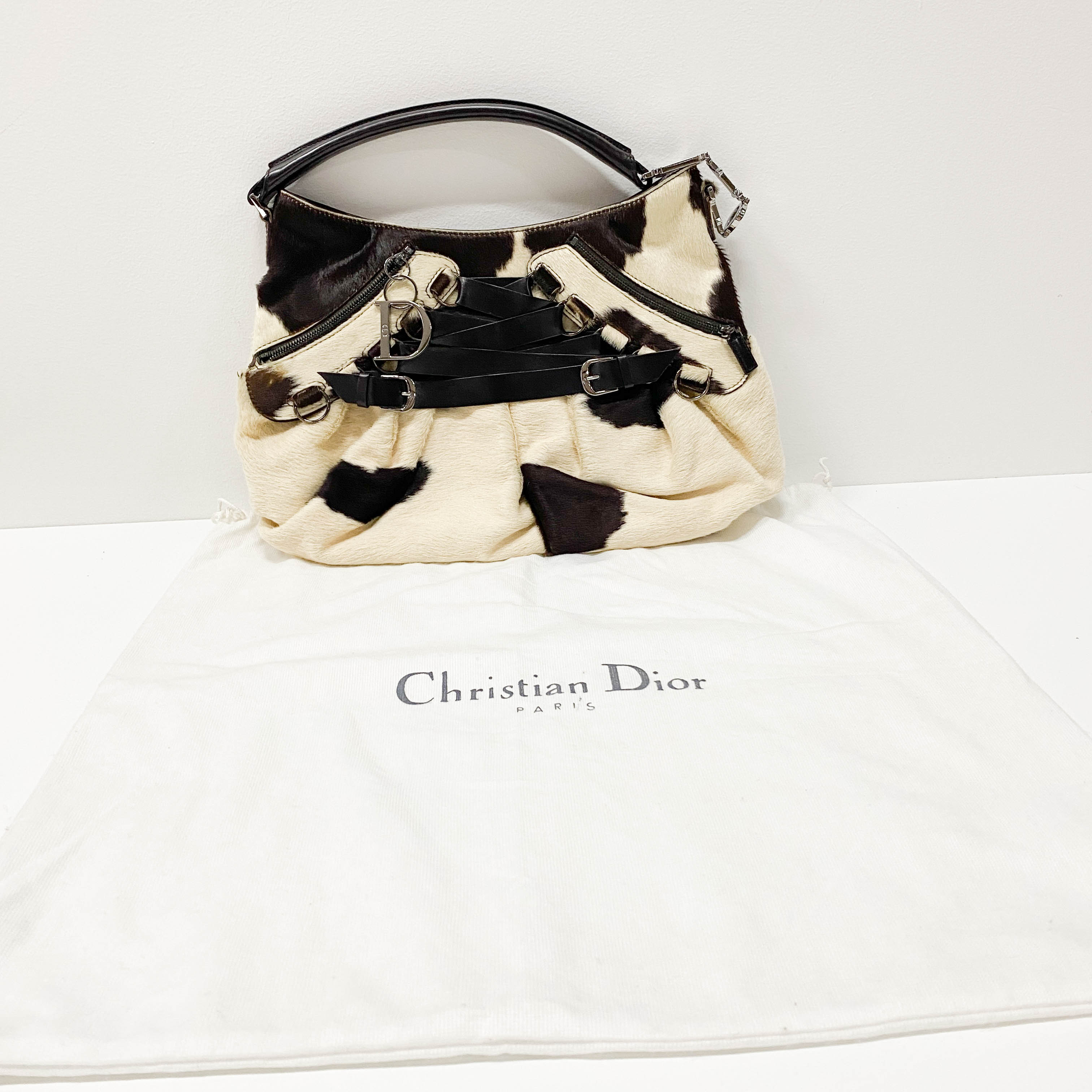 White & Black Cow Print Pony Hair Shoulder Bag