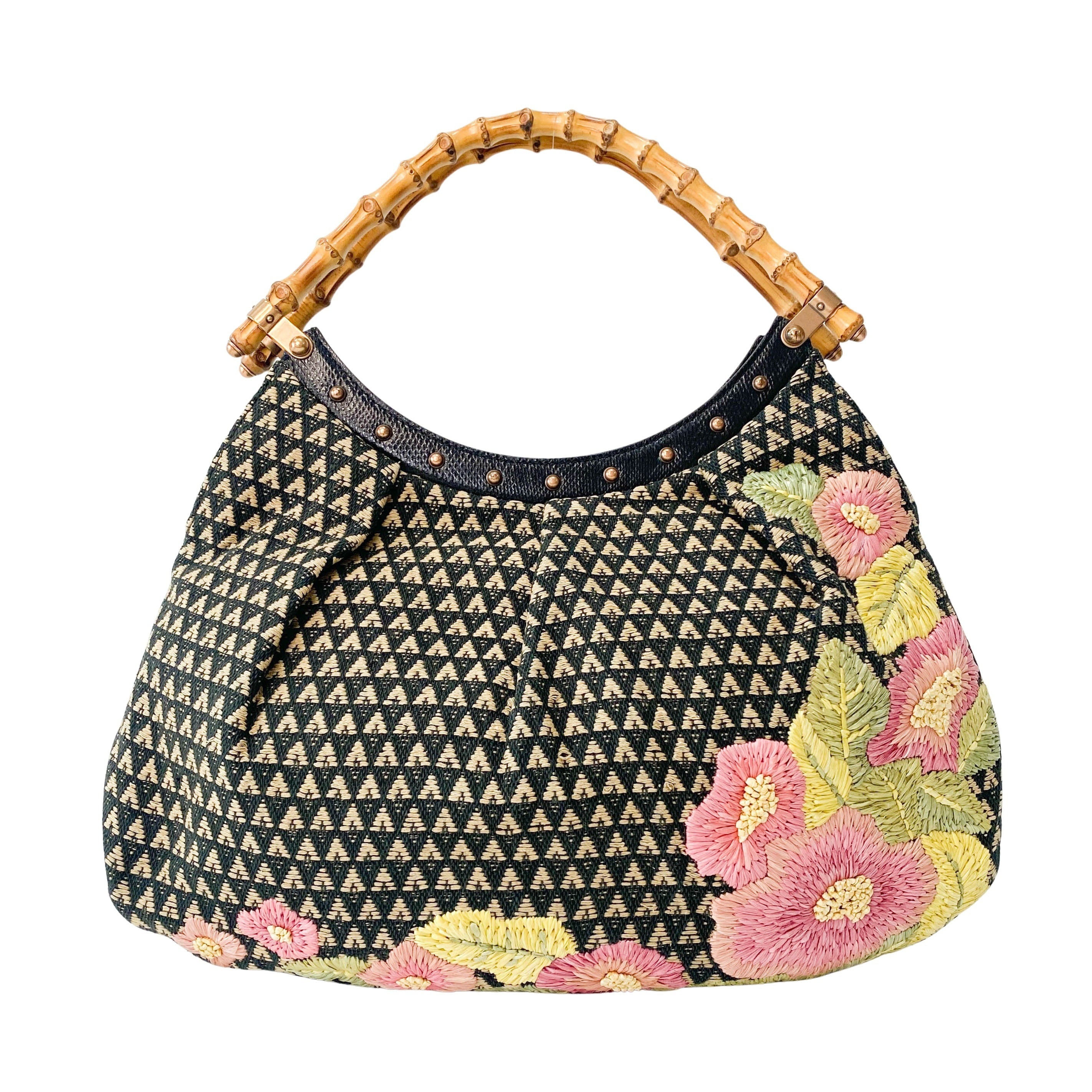Bamboo Raffia Flower Embroidered Shoulder Bag
