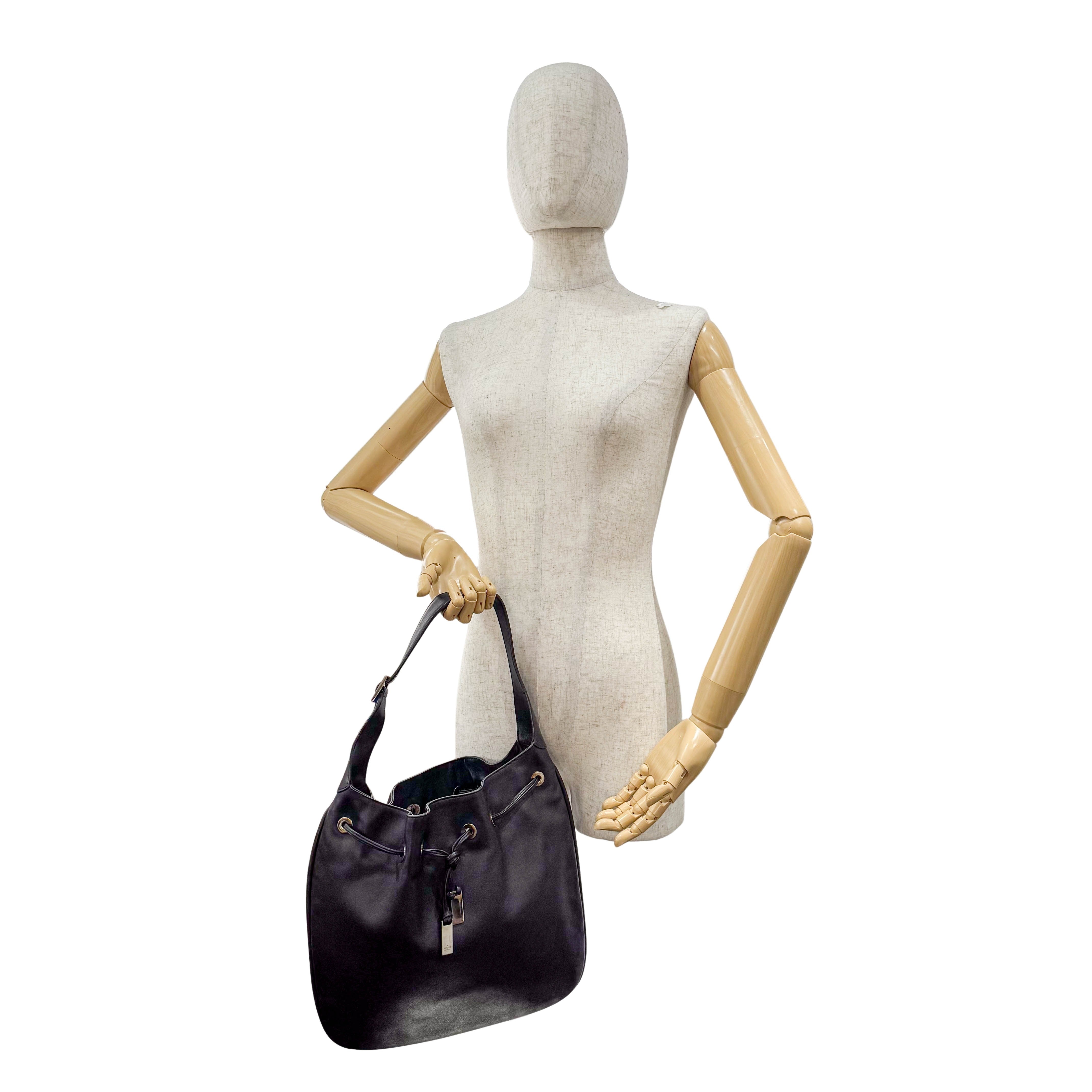 Black Leather Drawstring Bag