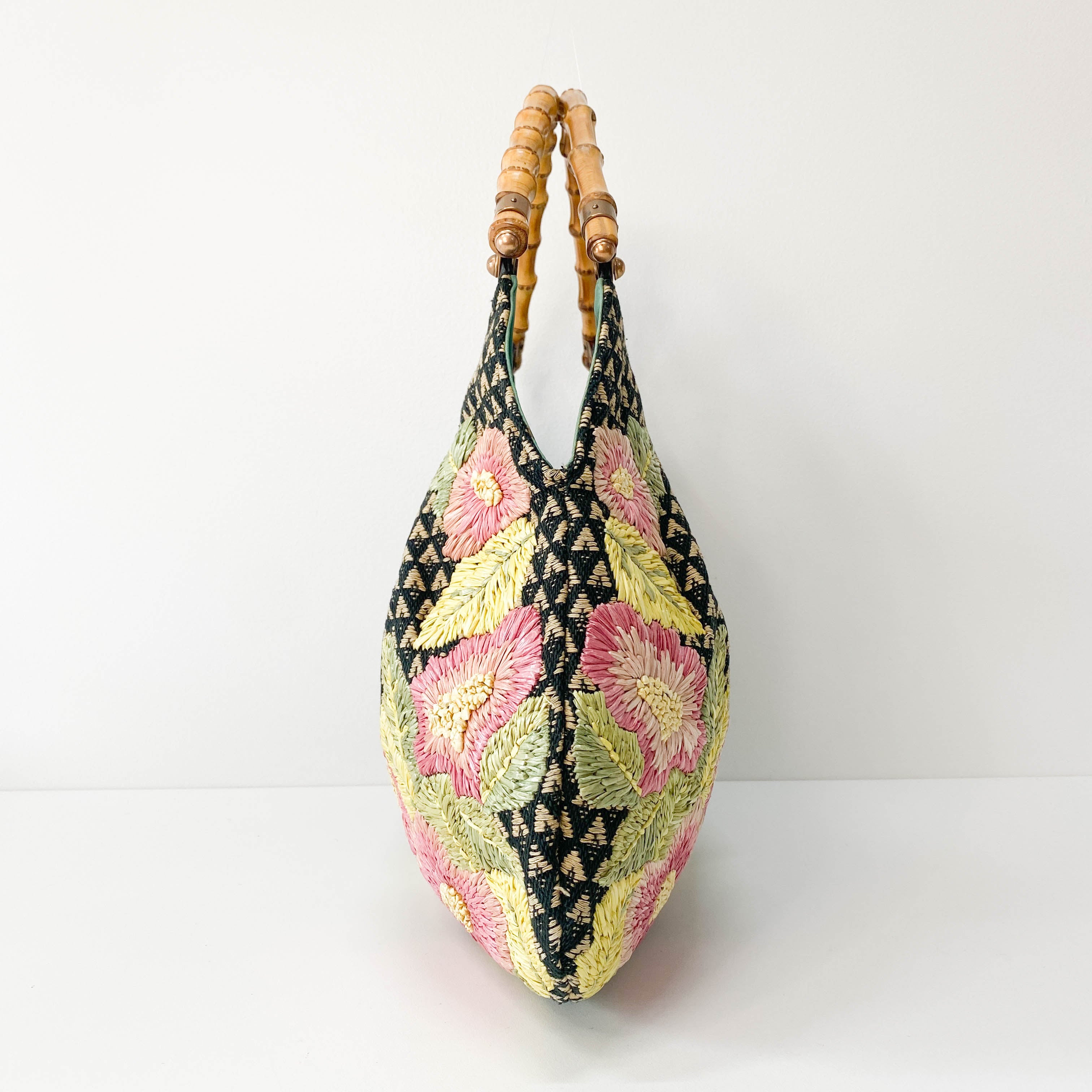 Bamboo Raffia Flower Embroidered Shoulder Bag
