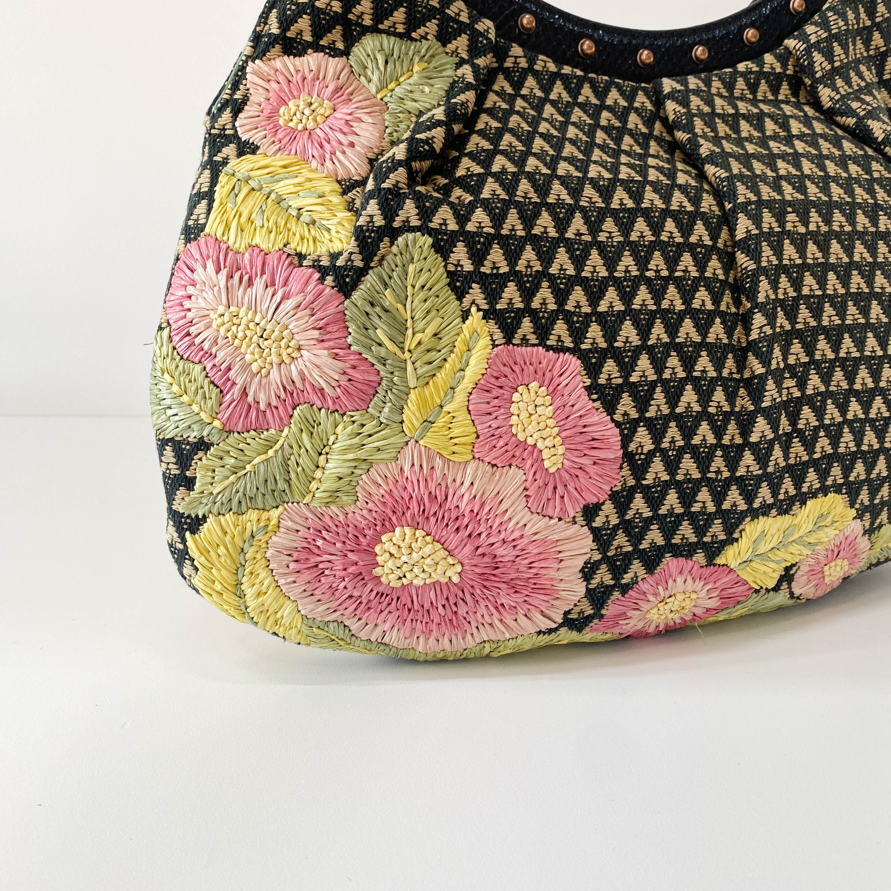 Bamboo Raffia Flower Embroidered Shoulder Bag