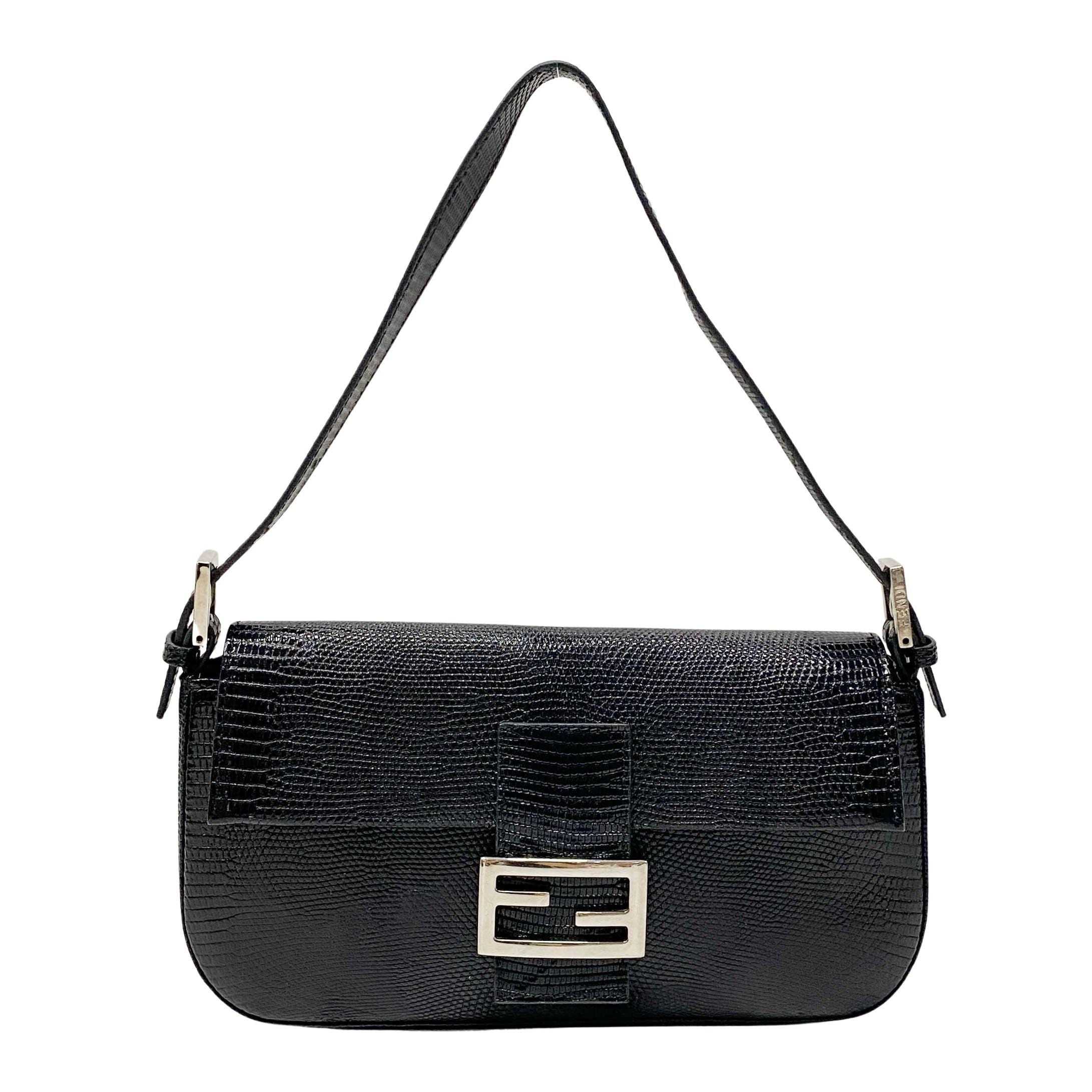 Baguette Black Lizard Embossed Leather Shoulder Bag