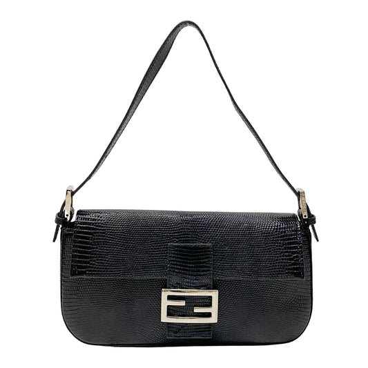 Baguette Black Lizard Embossed Leather Shoulder Bag
