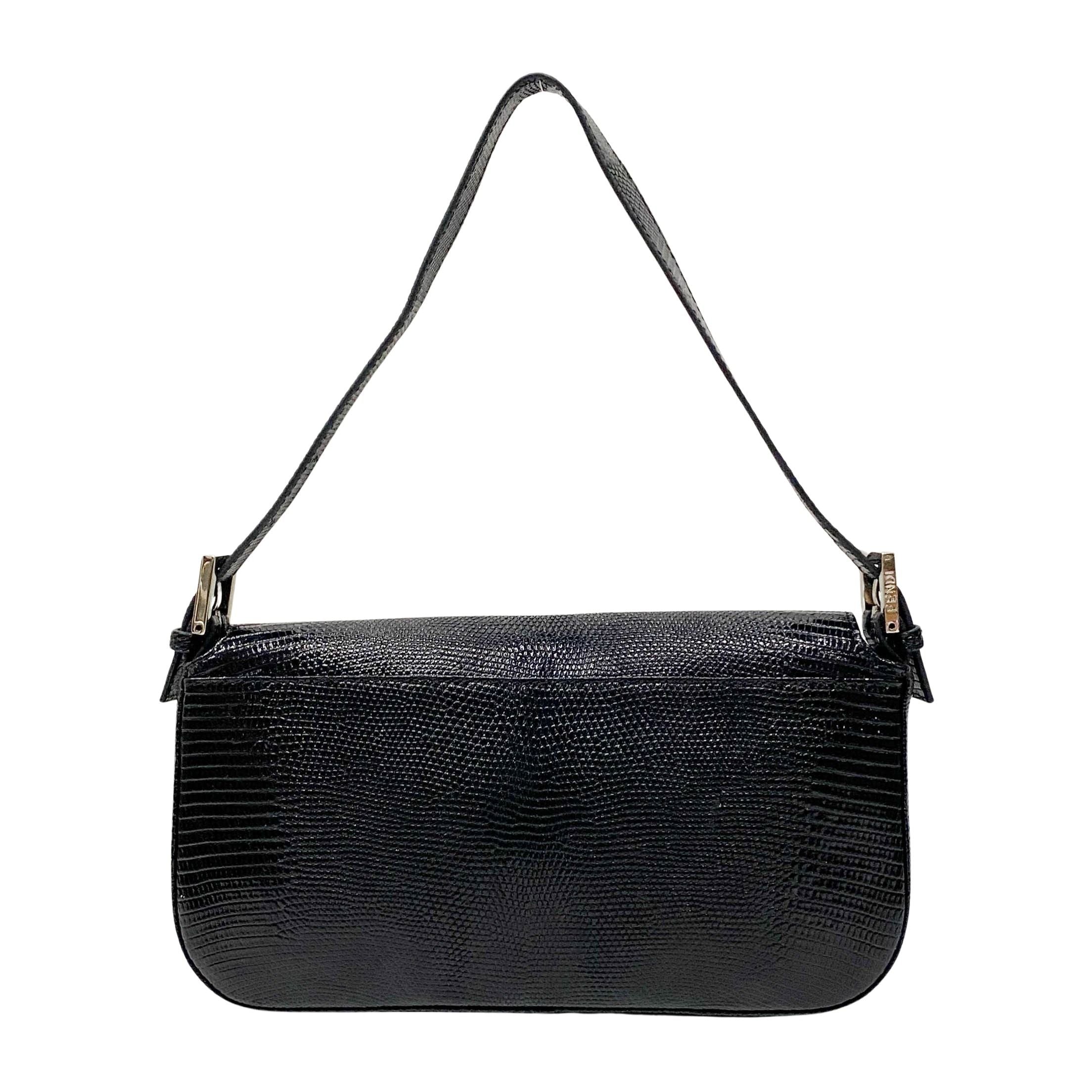 Baguette Black Lizard Embossed Leather Shoulder Bag