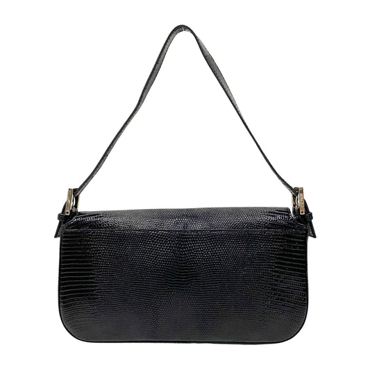 Baguette Black Lizard Embossed Leather Shoulder Bag