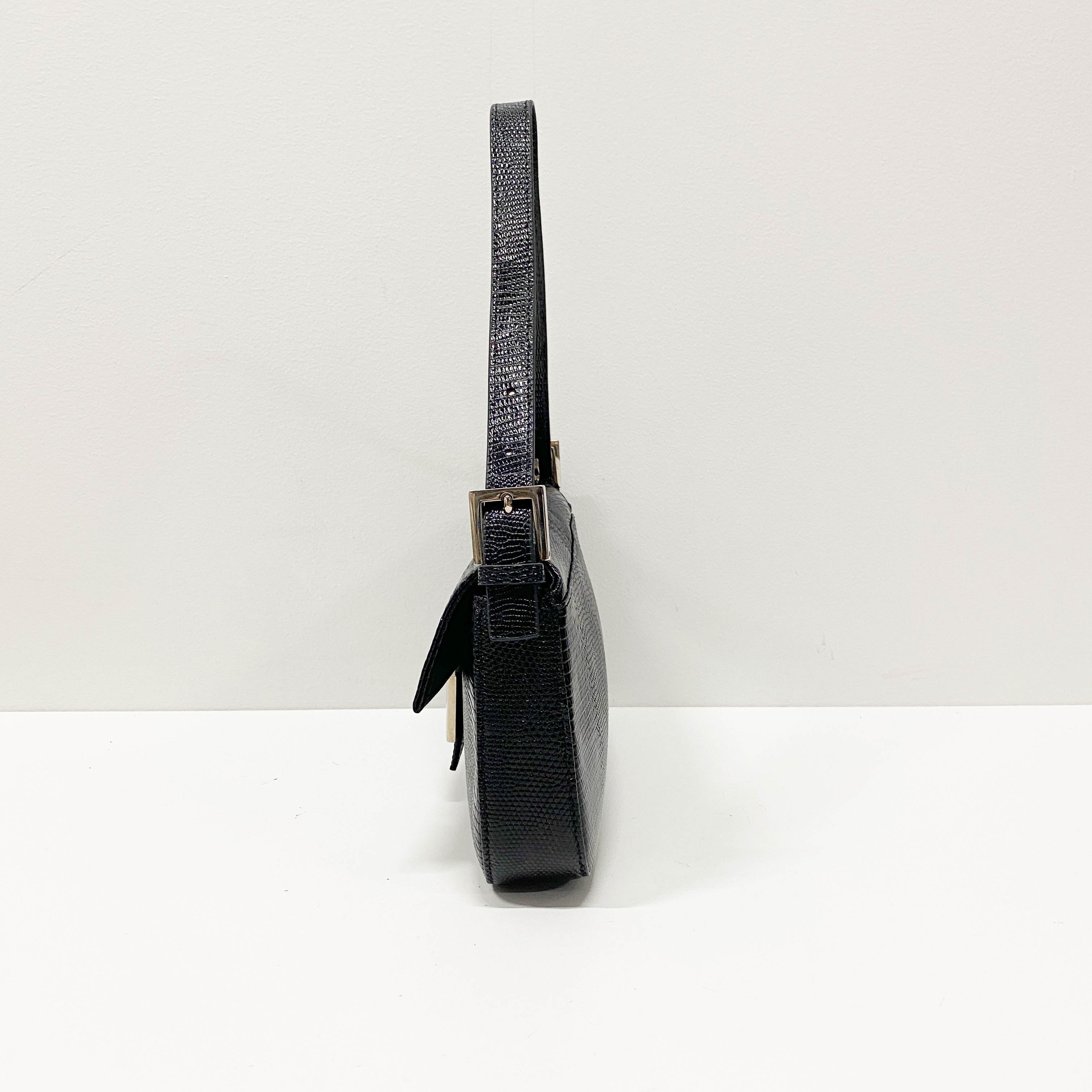 Baguette Black Lizard Embossed Leather Shoulder Bag