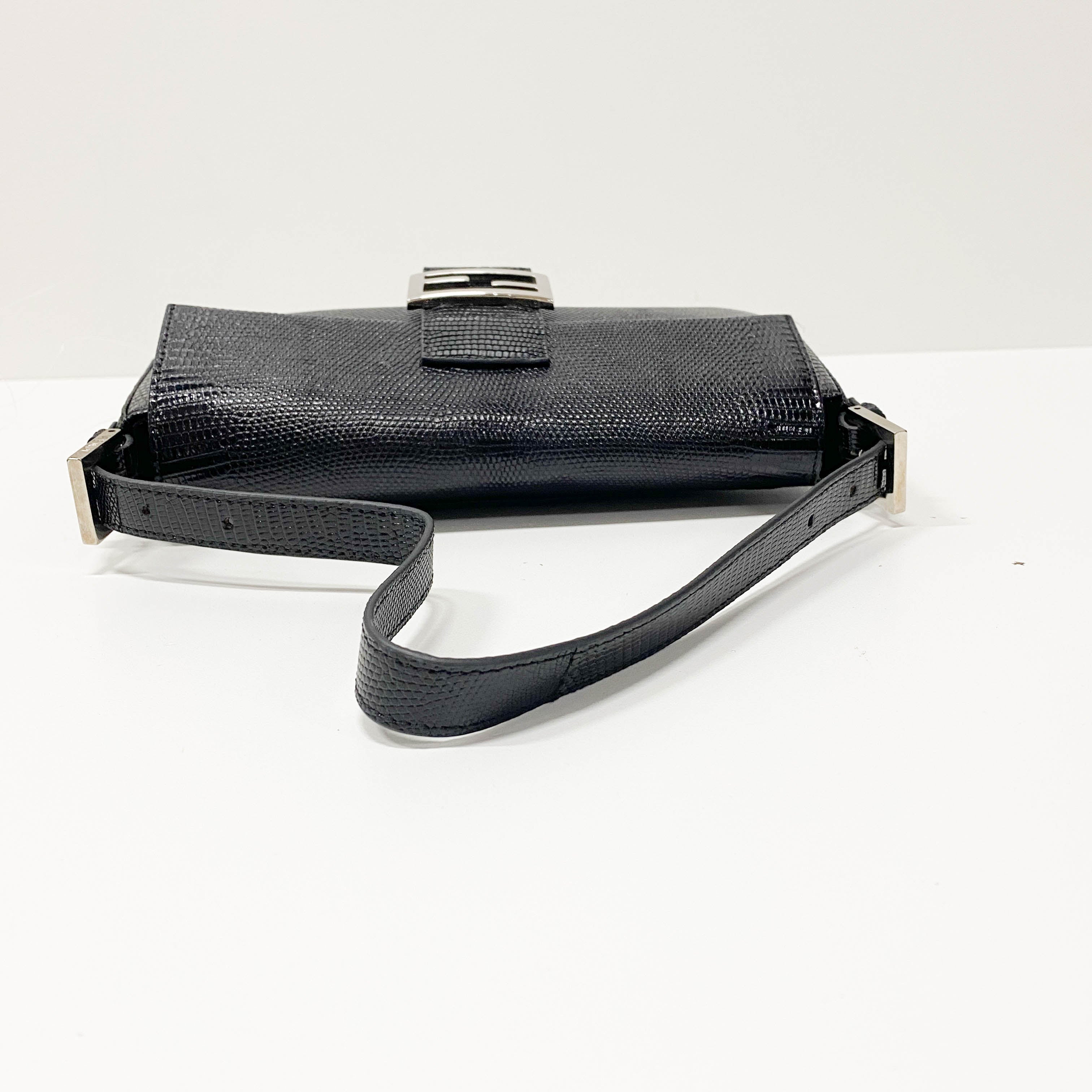 Baguette Black Lizard Embossed Leather Shoulder Bag