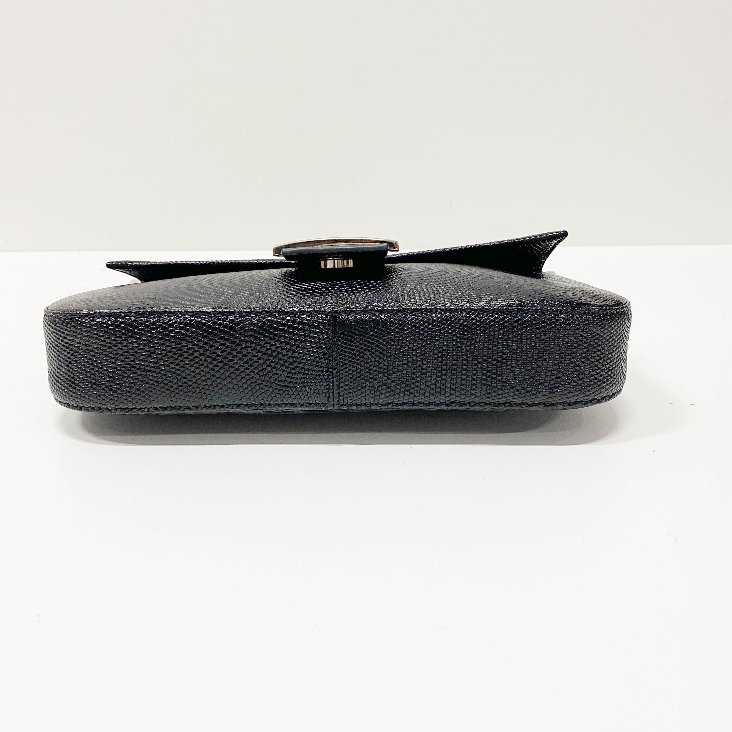 Baguette Black Lizard Embossed Leather Shoulder Bag