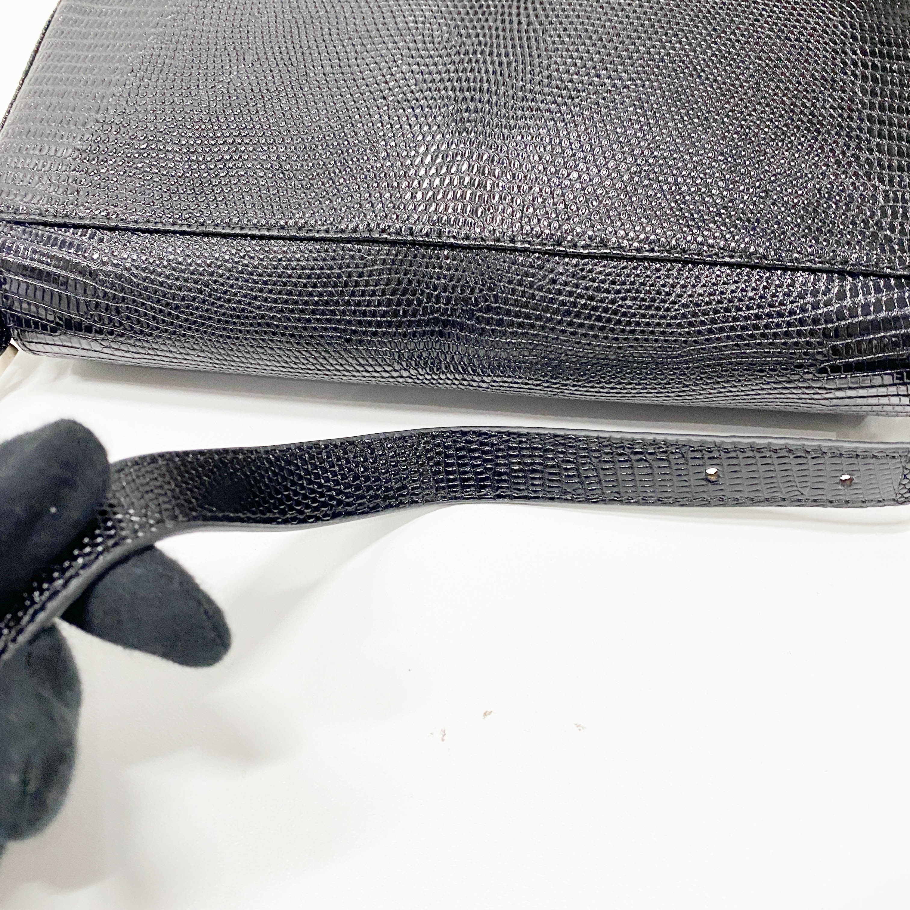 Baguette Black Lizard Embossed Leather Shoulder Bag