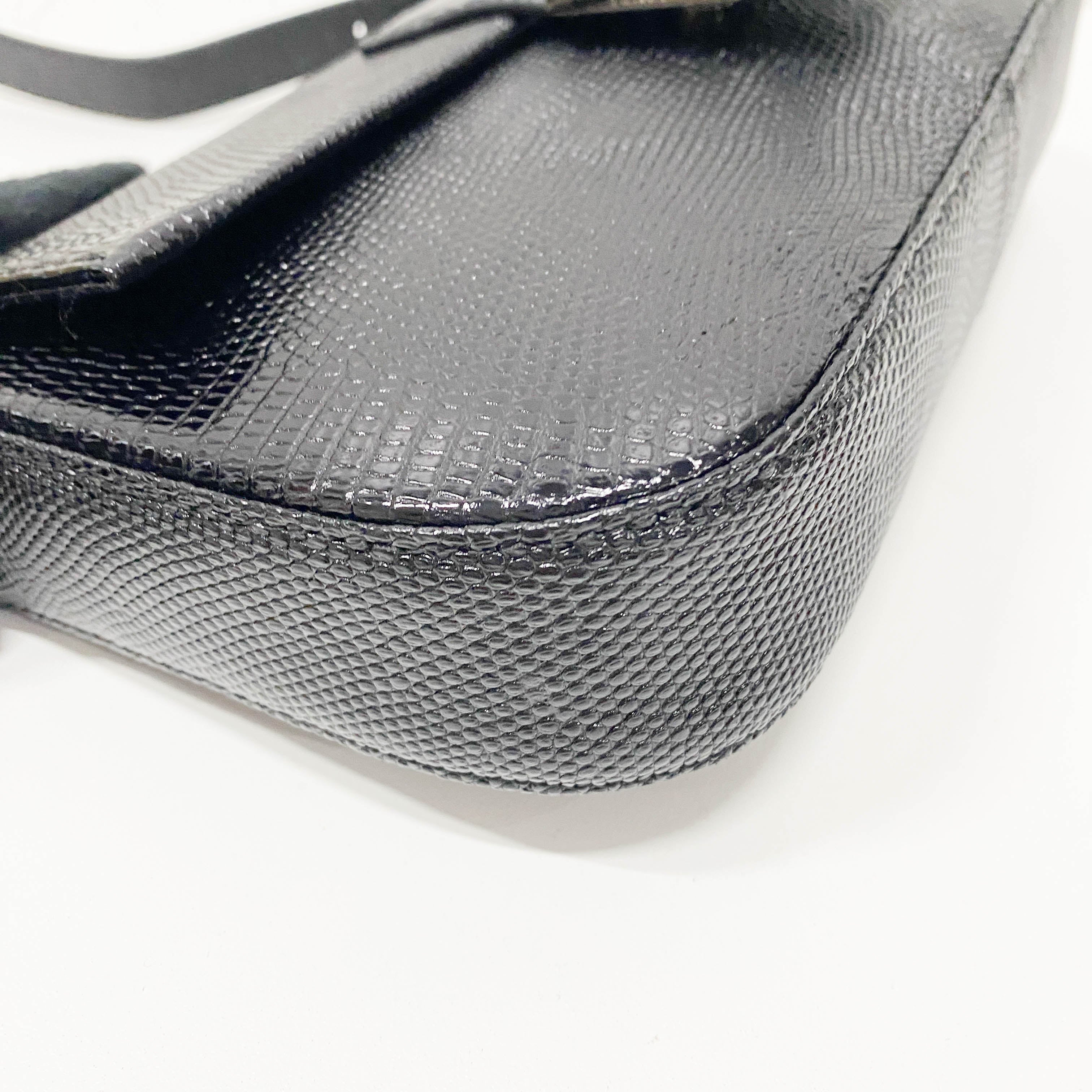 Baguette Black Lizard Embossed Leather Shoulder Bag