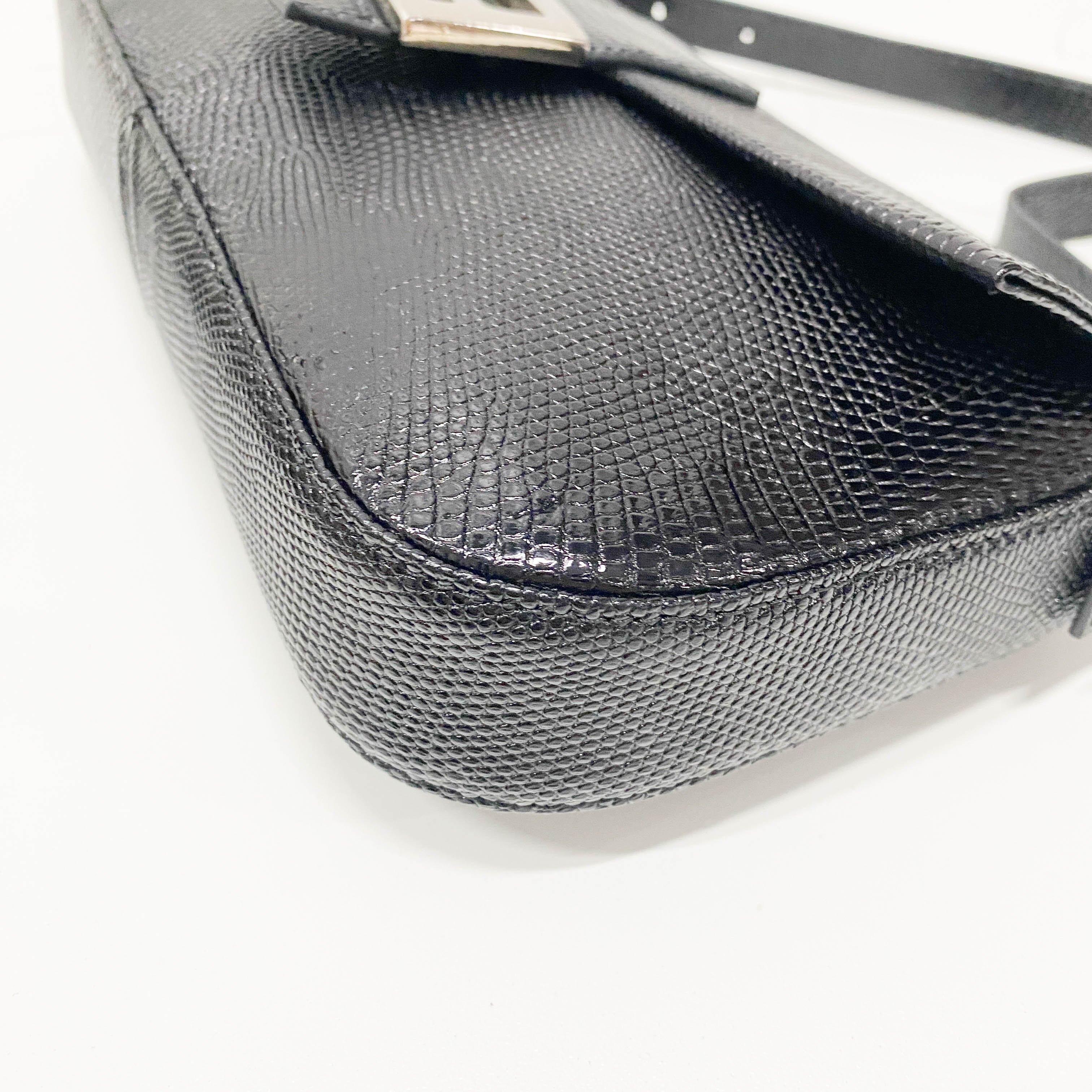 Baguette Black Lizard Embossed Leather Shoulder Bag