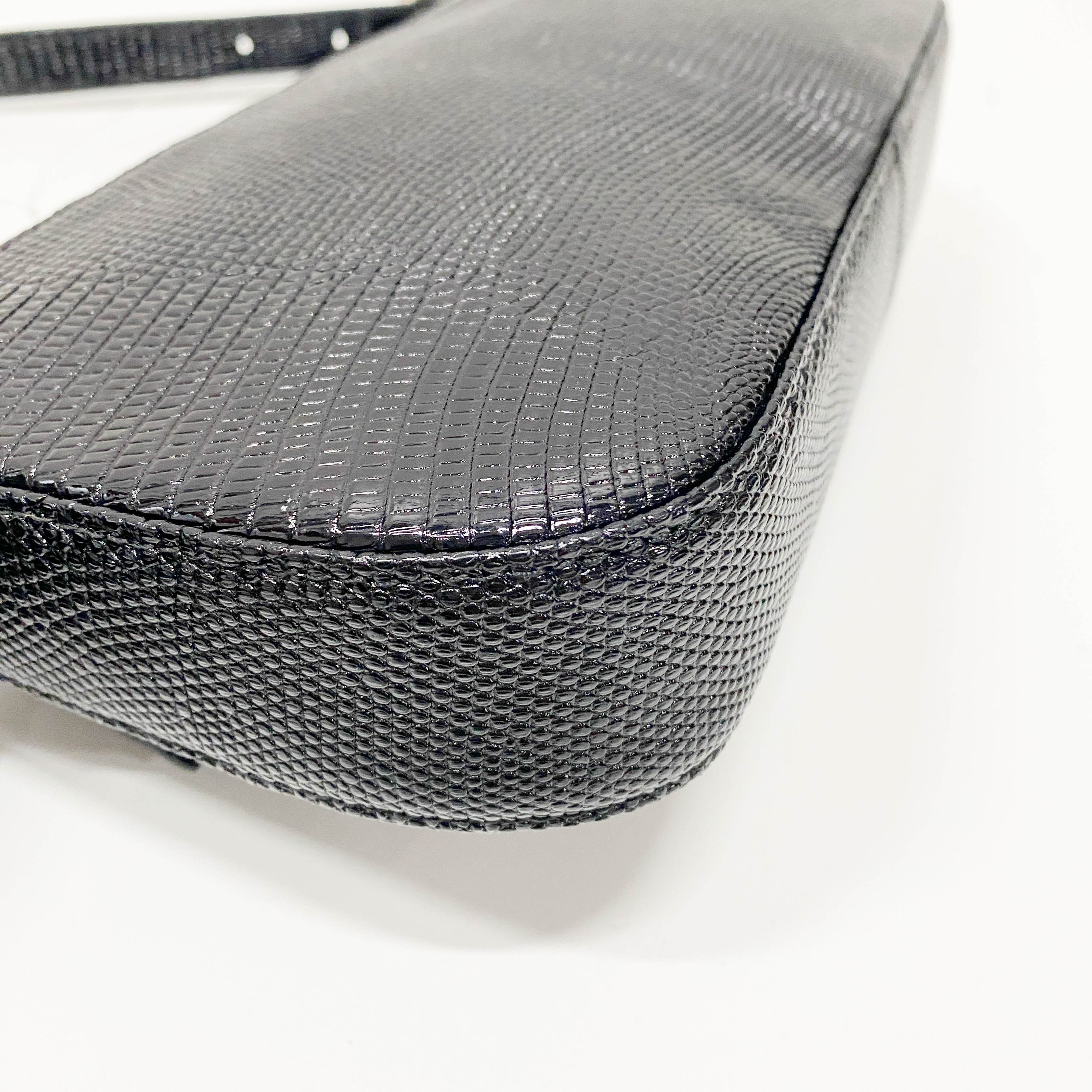 Baguette Black Lizard Embossed Leather Shoulder Bag