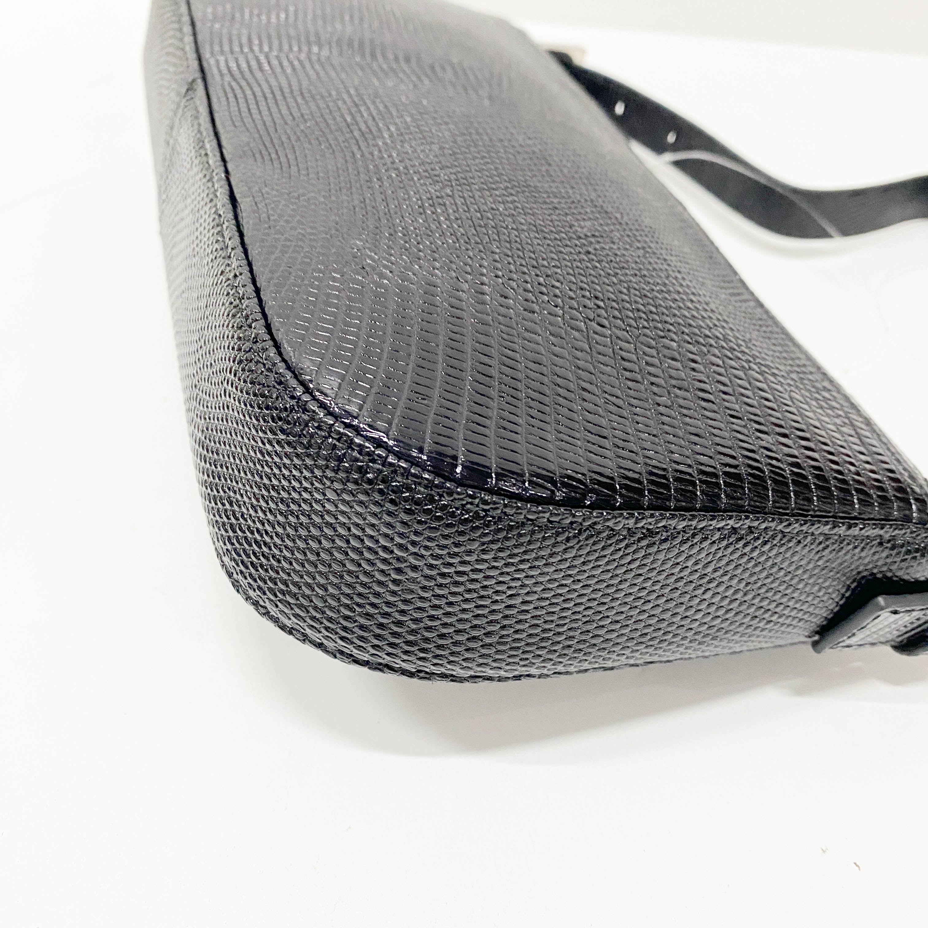 Baguette Black Lizard Embossed Leather Shoulder Bag