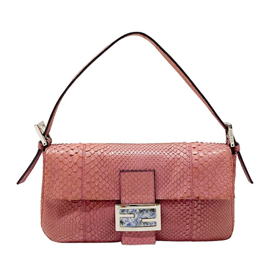 Baguette Pink Python Embossed Leather Shoulder Bag