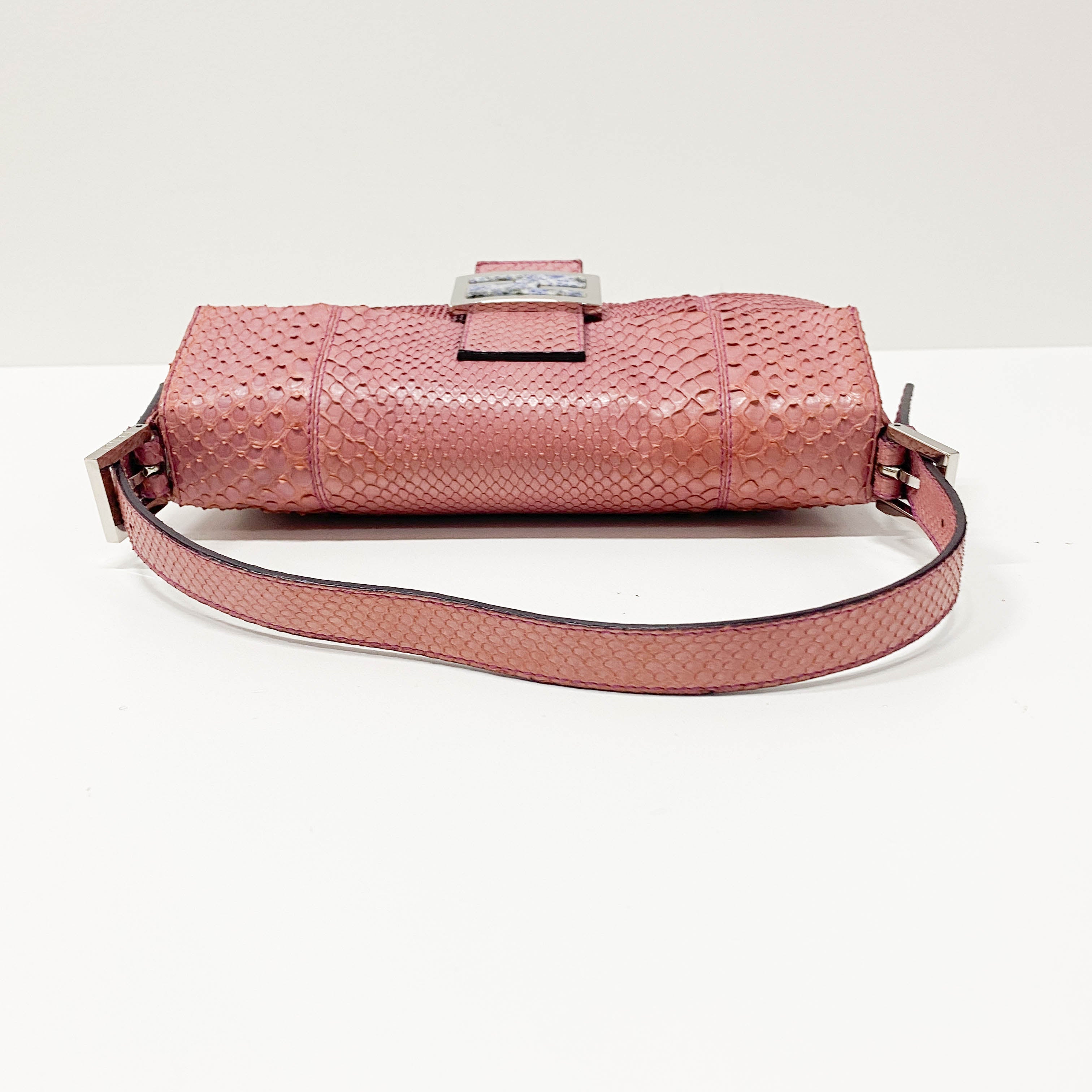 Baguette Pink Python Embossed Leather Shoulder Bag