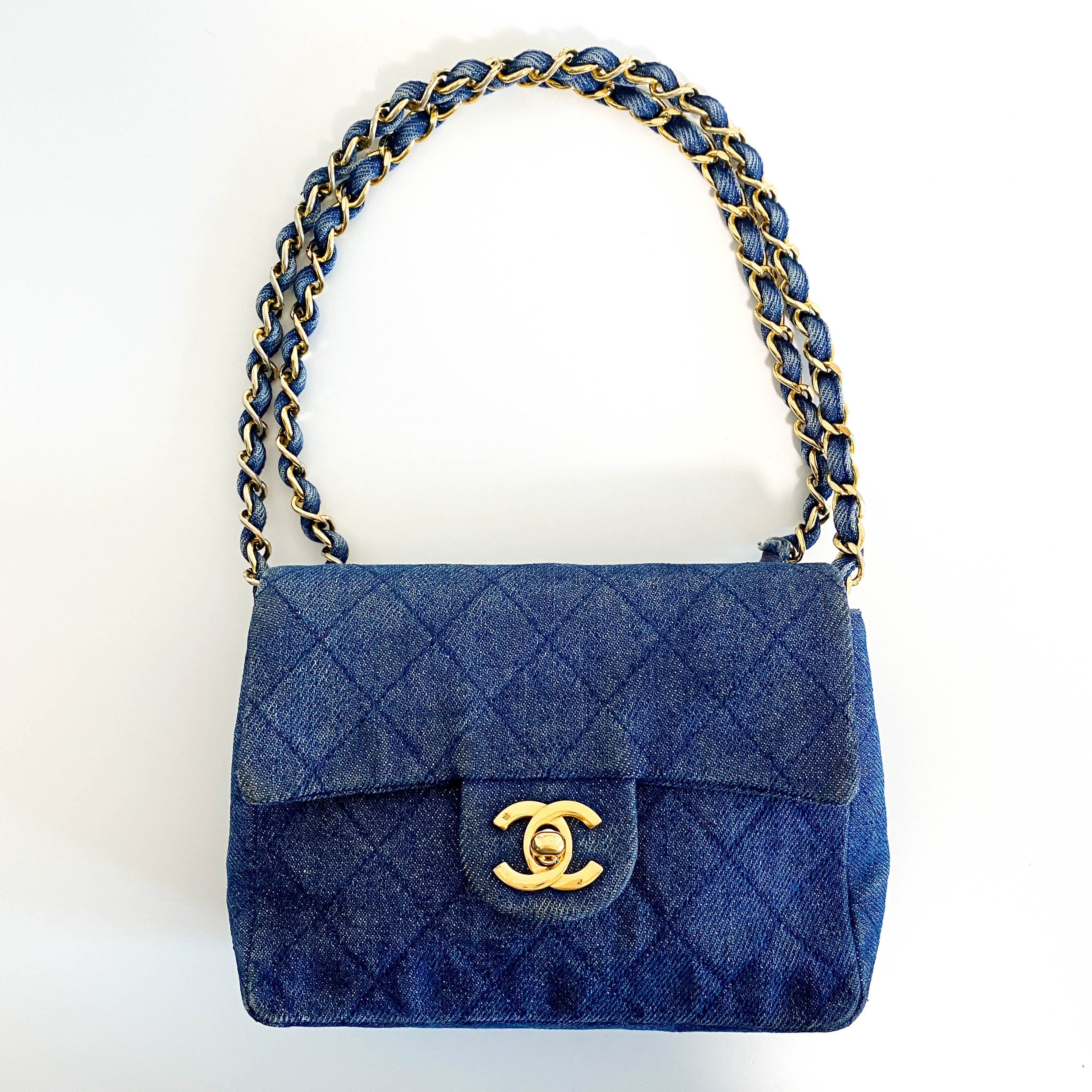Blue Quilted Denim Mini Square Classic Single Flap Gold Hardware, 1989-1991