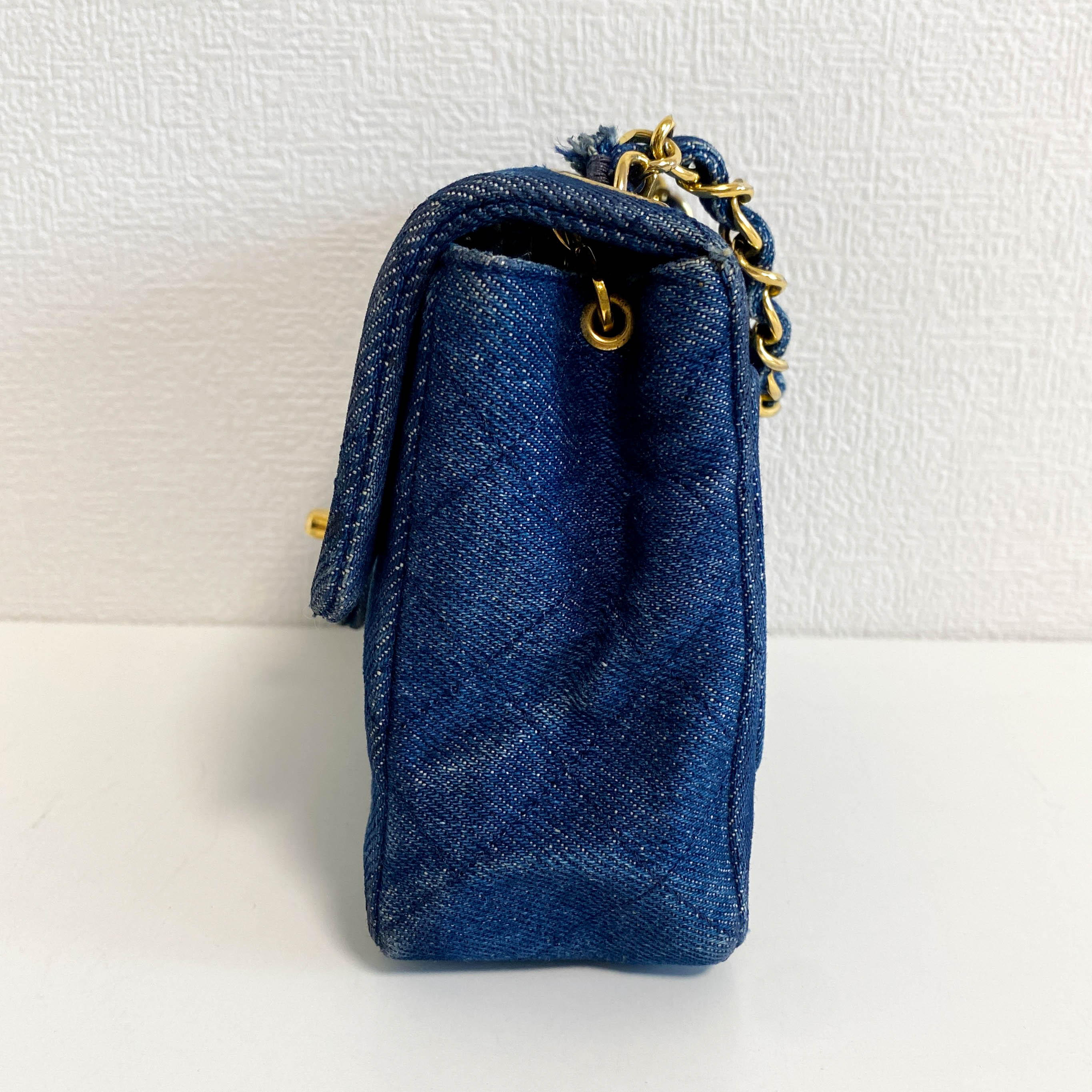 Blue Quilted Denim Mini Square Classic Single Flap Gold Hardware, 1989-1991