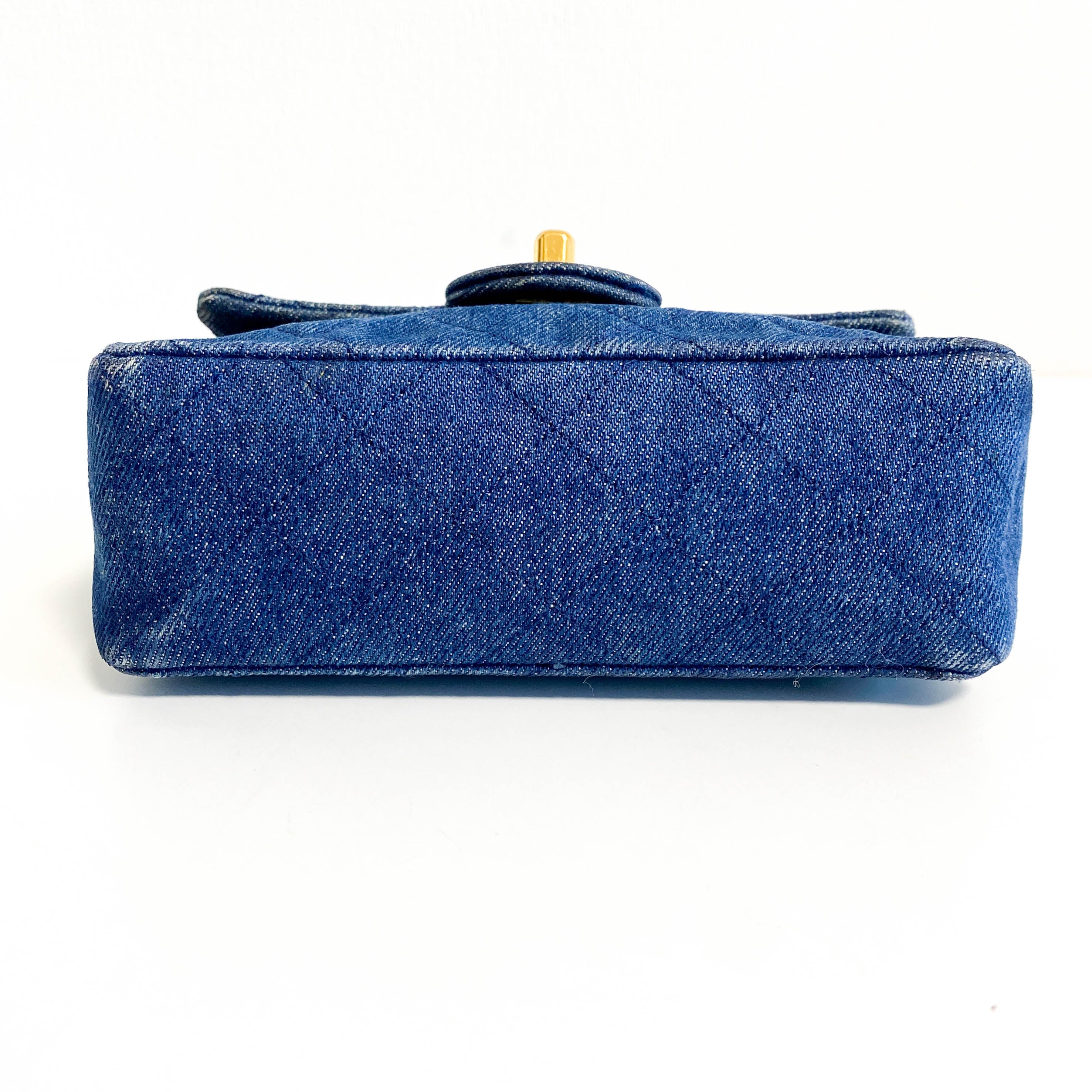 Blue Quilted Denim Mini Square Classic Single Flap Gold Hardware, 1989-1991