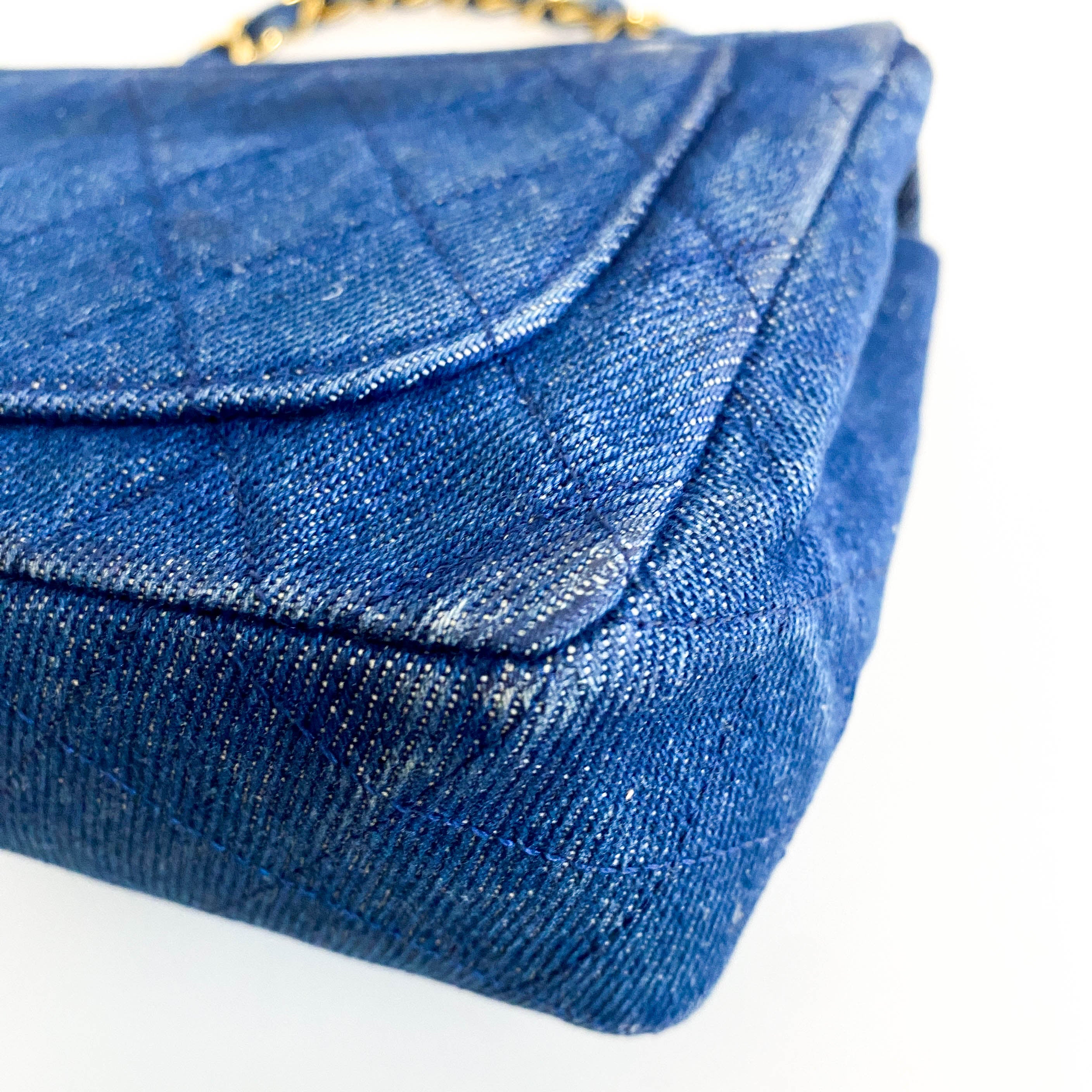 Blue Quilted Denim Mini Square Classic Single Flap Gold Hardware, 1989-1991