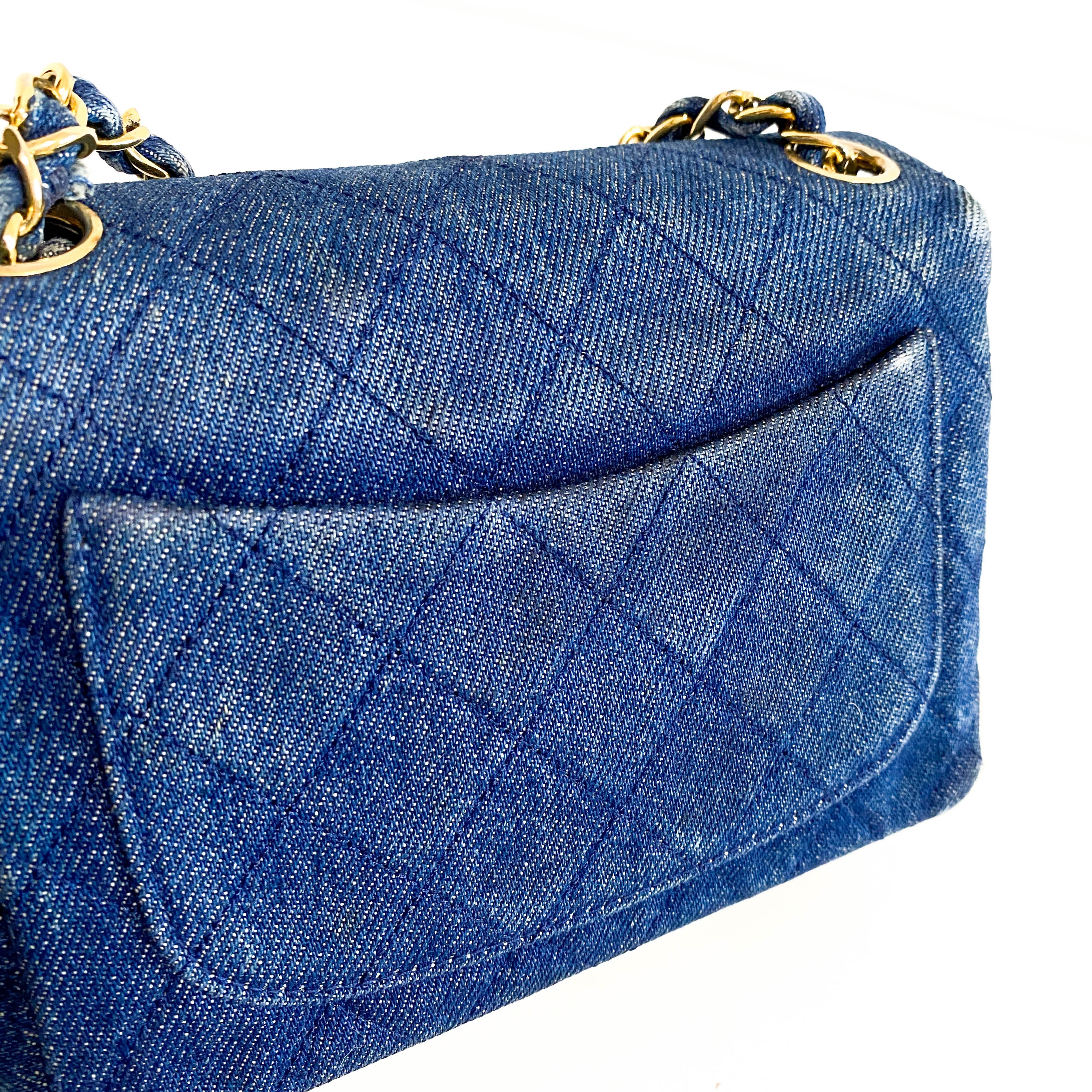 Blue Quilted Denim Mini Square Classic Single Flap Gold Hardware, 1989-1991