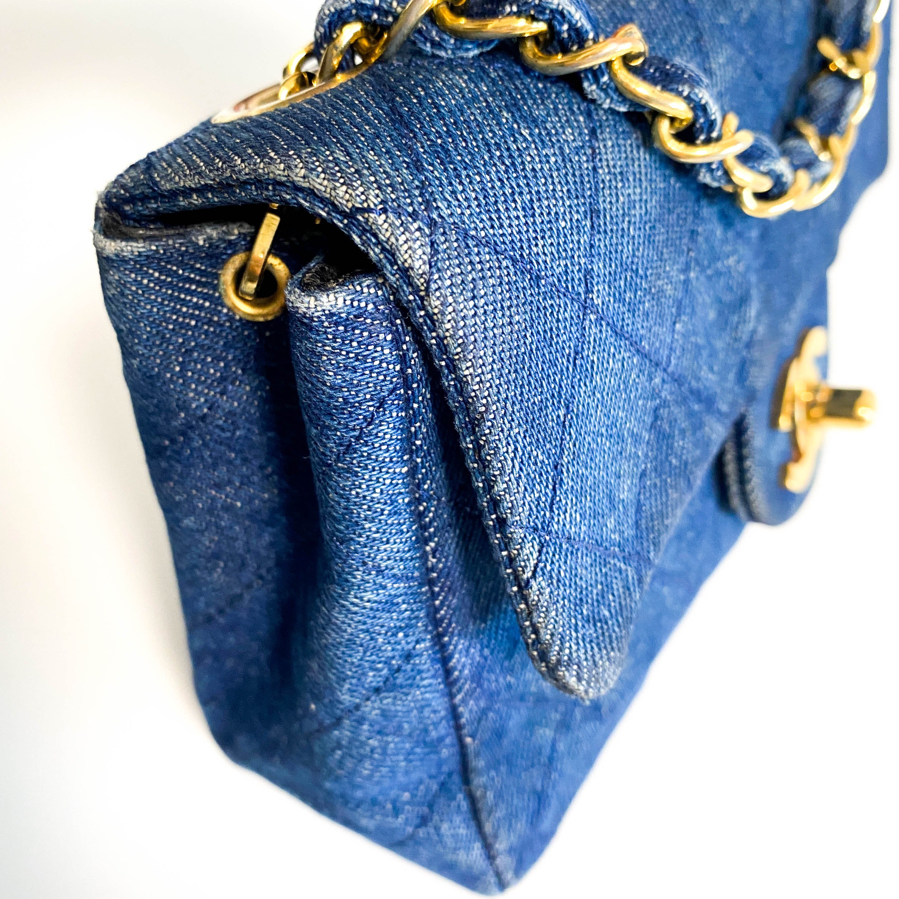 Blue Quilted Denim Mini Square Classic Single Flap Gold Hardware, 1989-1991