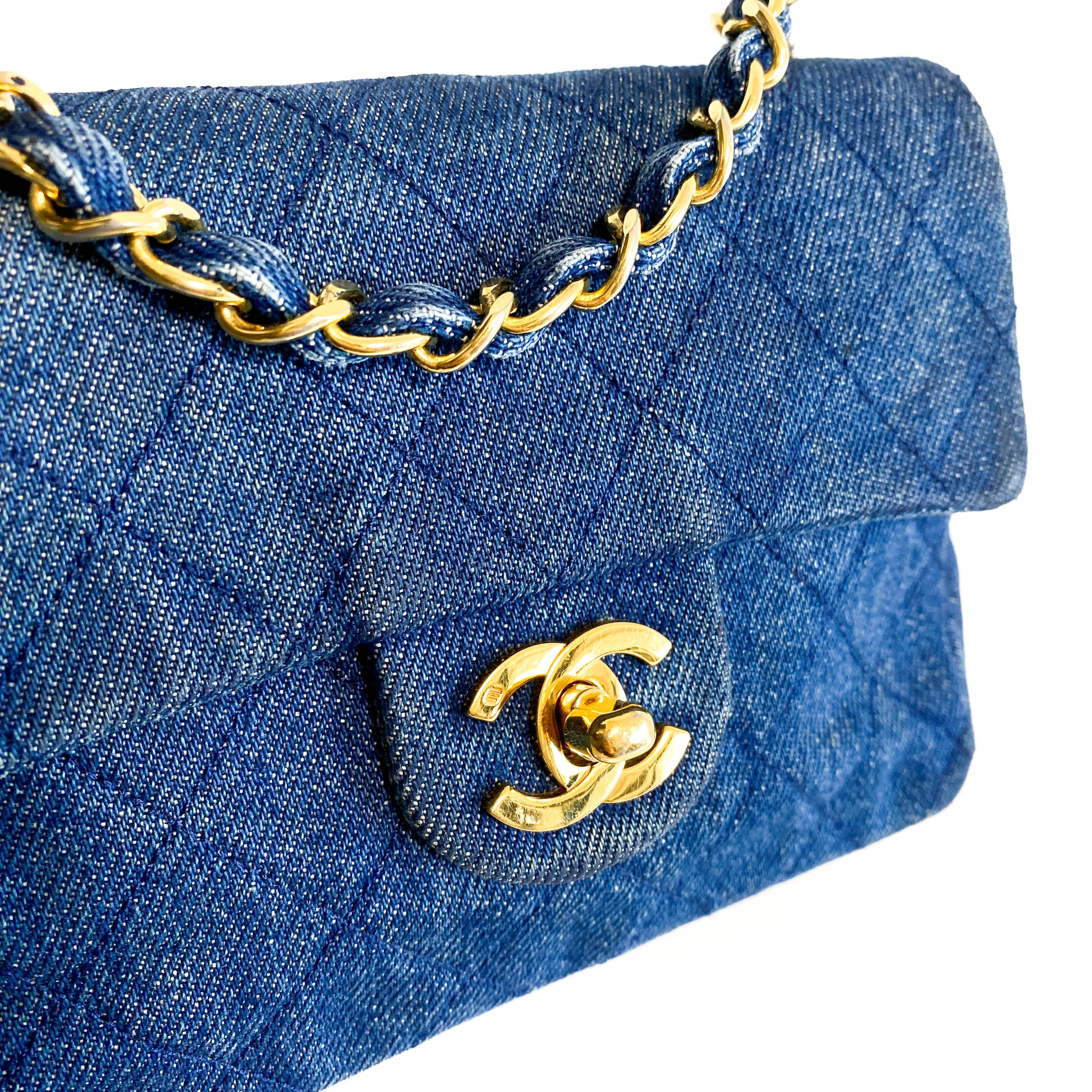 Blue Quilted Denim Mini Square Classic Single Flap Gold Hardware, 1989-1991