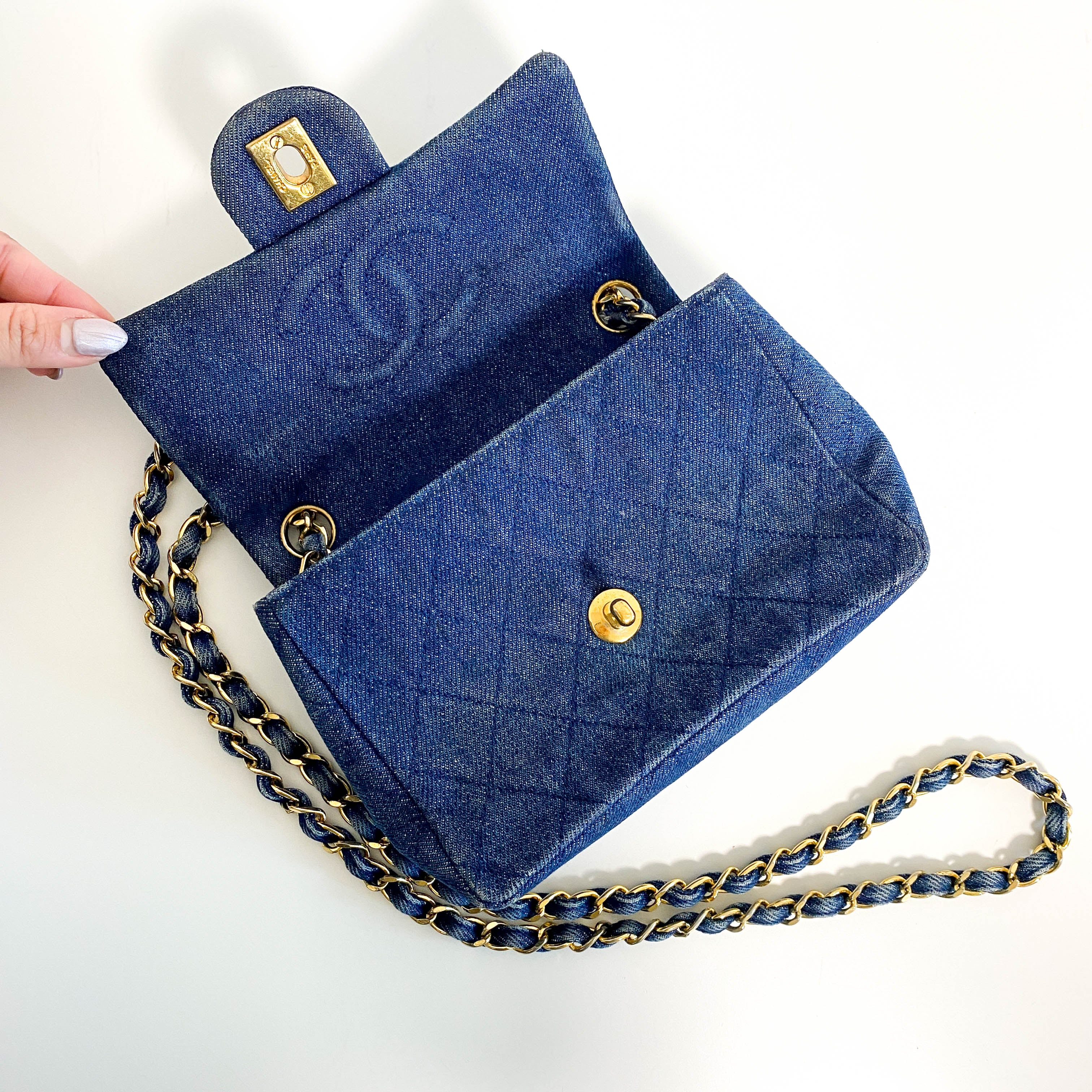 Blue Quilted Denim Mini Square Classic Single Flap Gold Hardware, 1989-1991