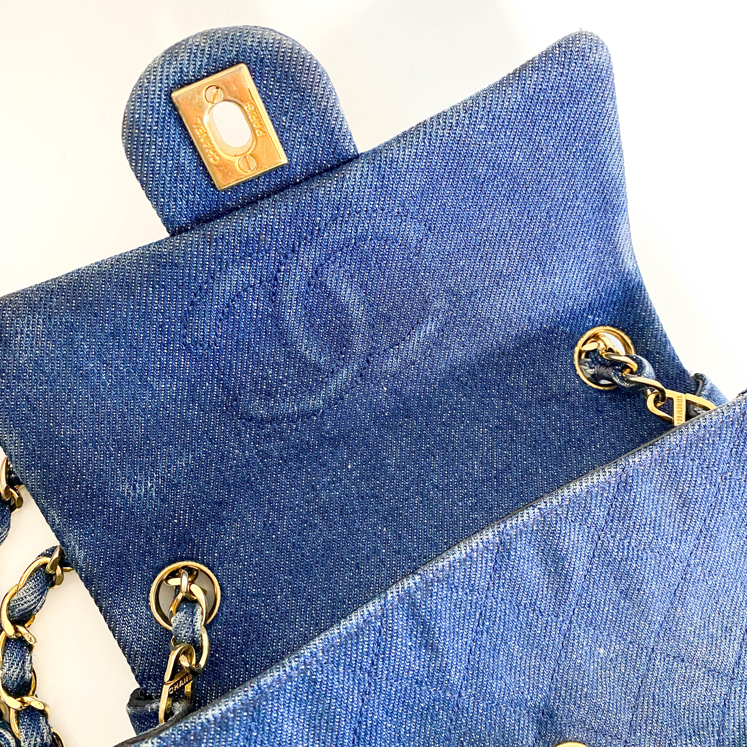Blue Quilted Denim Mini Square Classic Single Flap Gold Hardware, 1989-1991