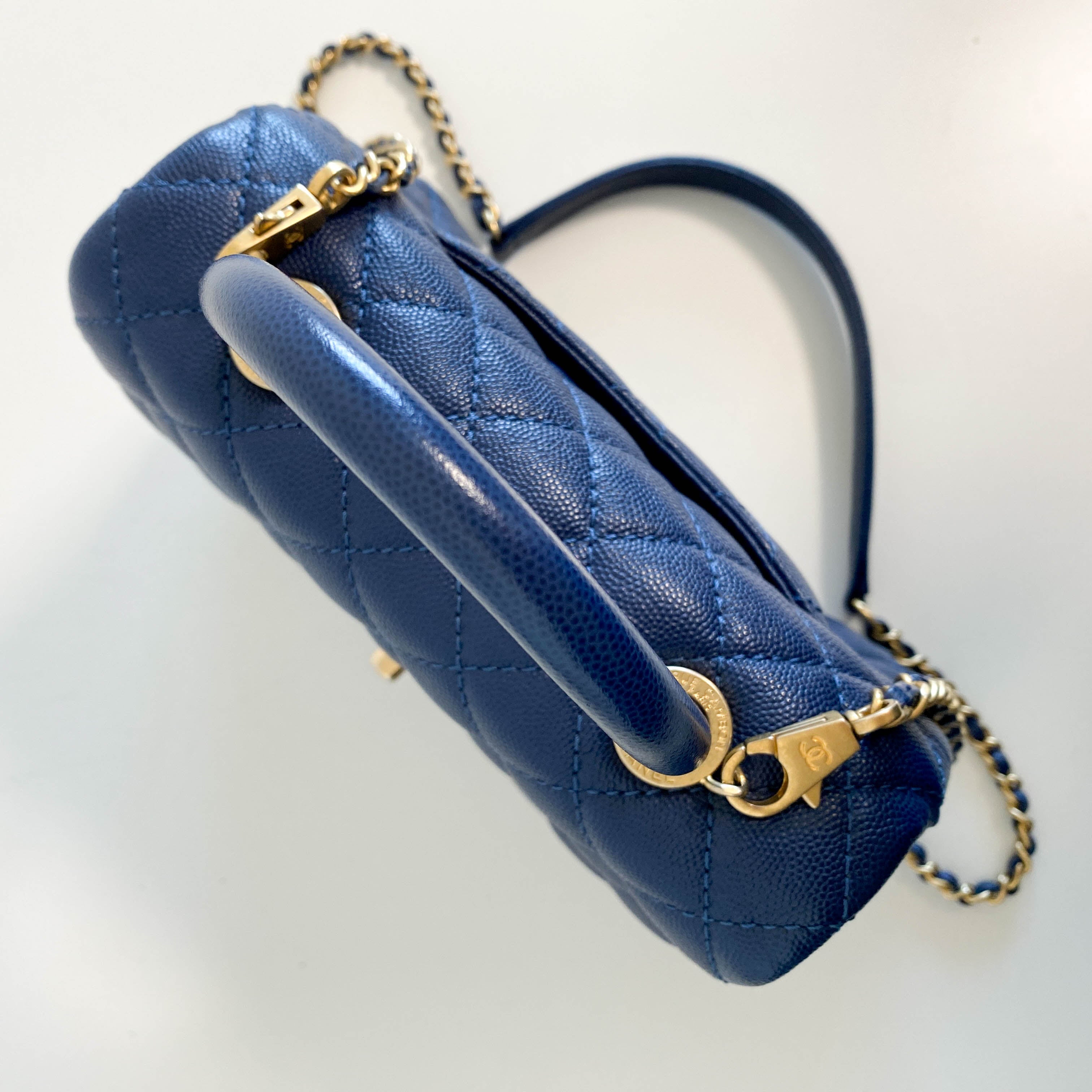 Coco Handle Navy Grain Calf Leather Top Handle Bag with Gold Hardware
