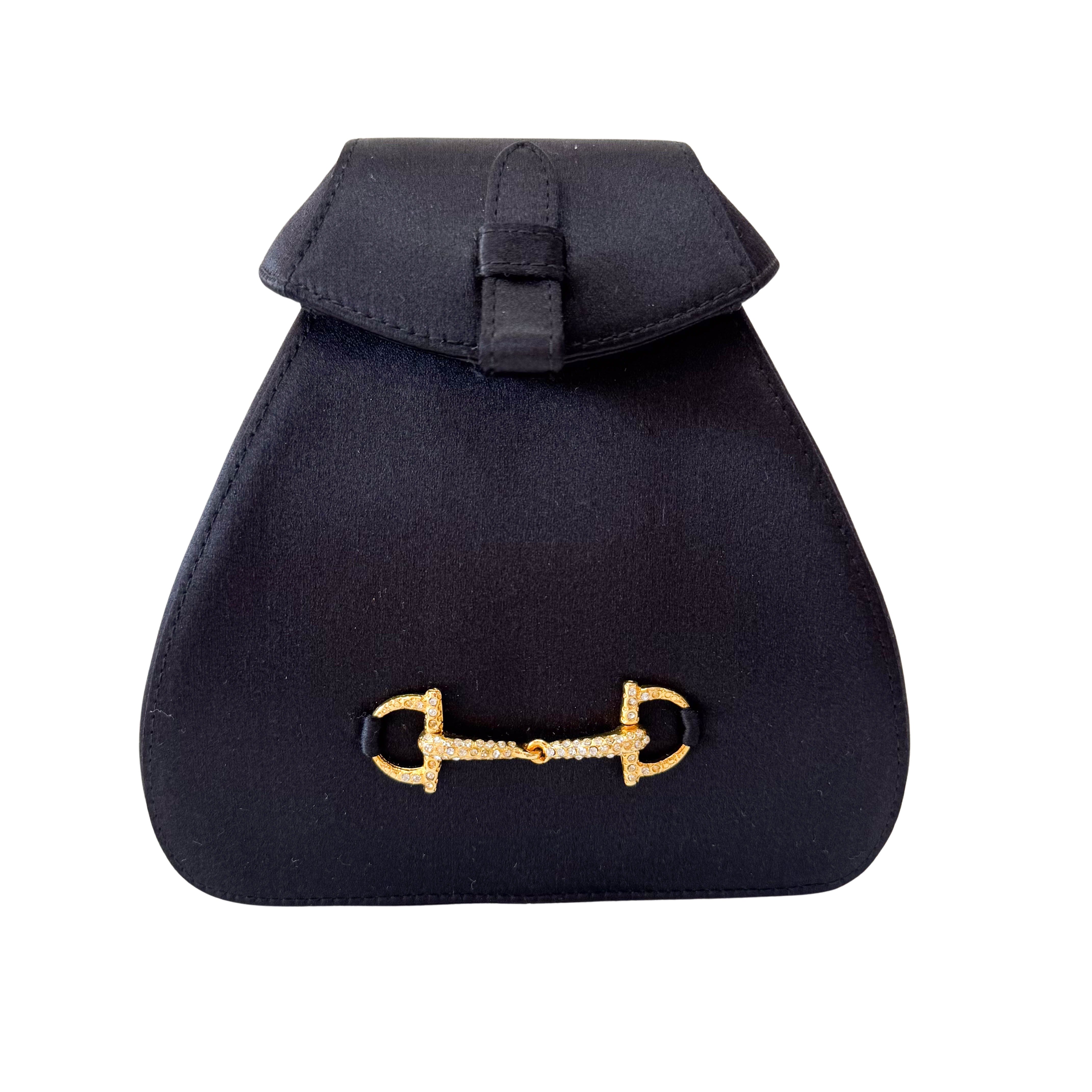 Old Gucci Black Satin Shoulder Bag Rhinestone Horsebit Hardware