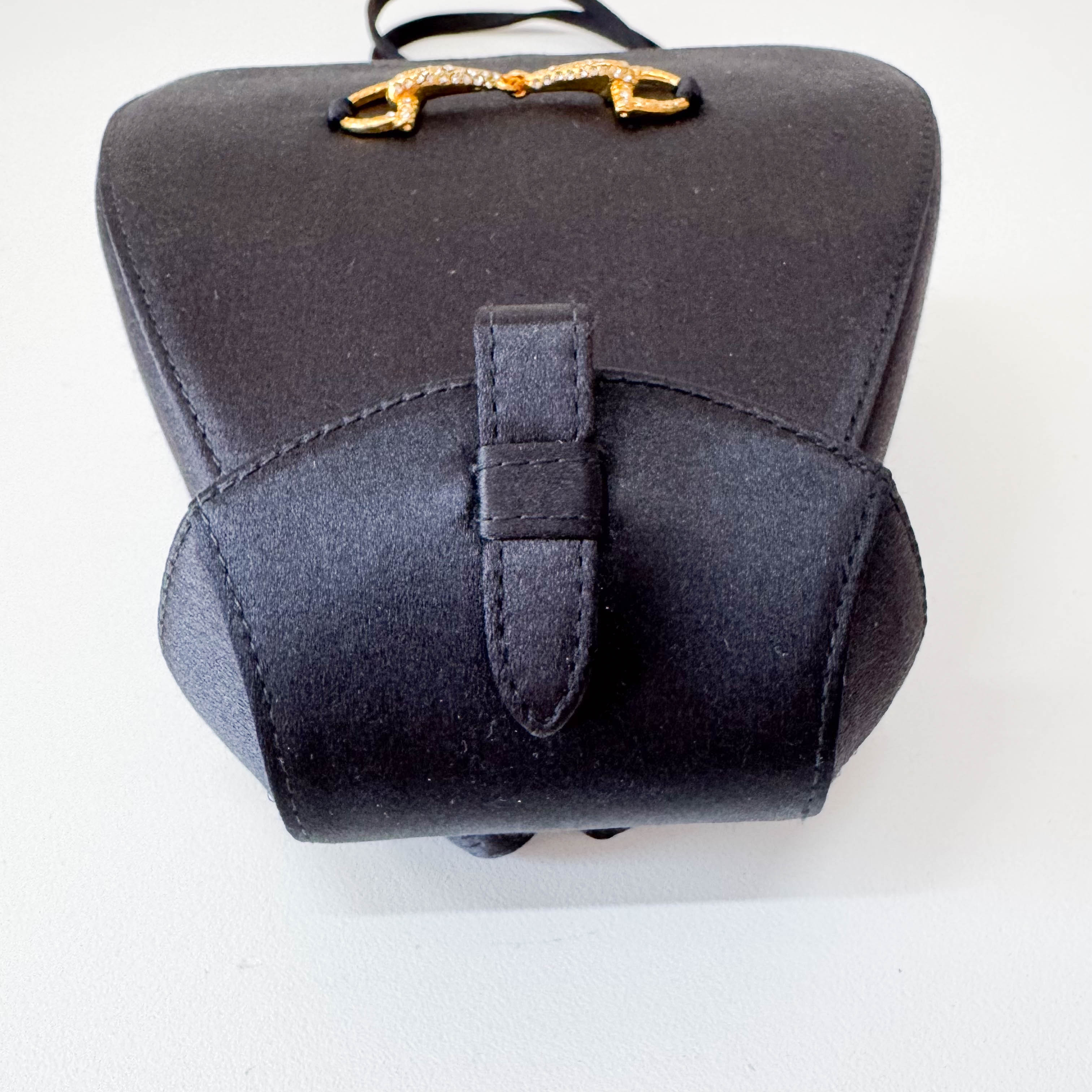 Old Gucci Black Satin Shoulder Bag Rhinestone Horsebit Hardware