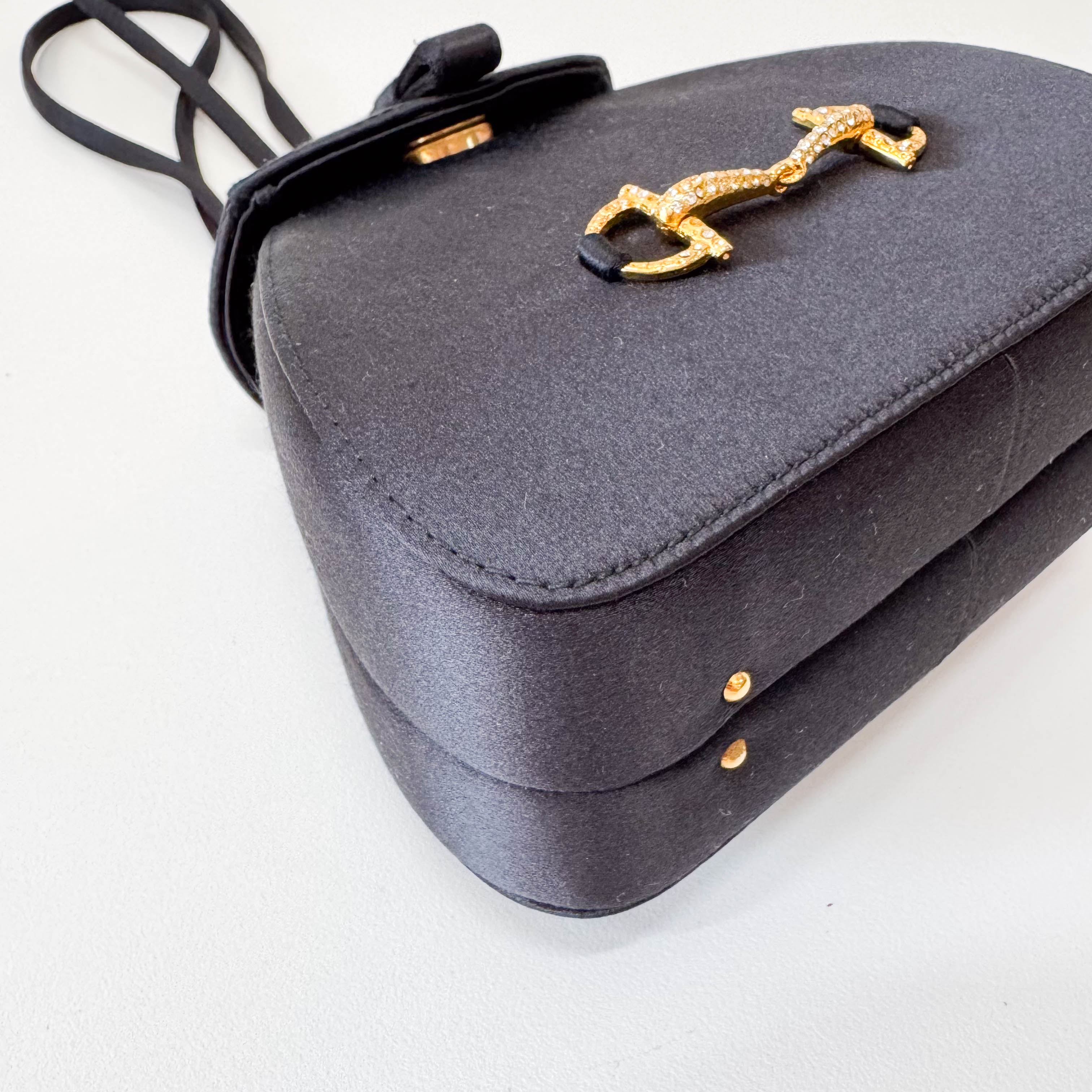 Old Gucci Black Satin Shoulder Bag Rhinestone Horsebit Hardware
