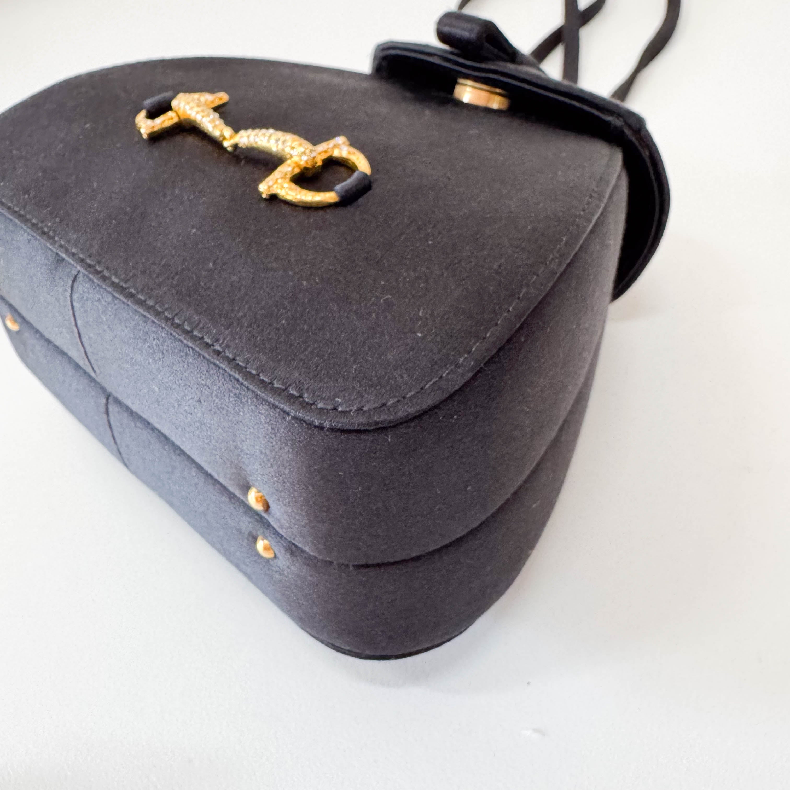Old Gucci Black Satin Shoulder Bag Rhinestone Horsebit Hardware